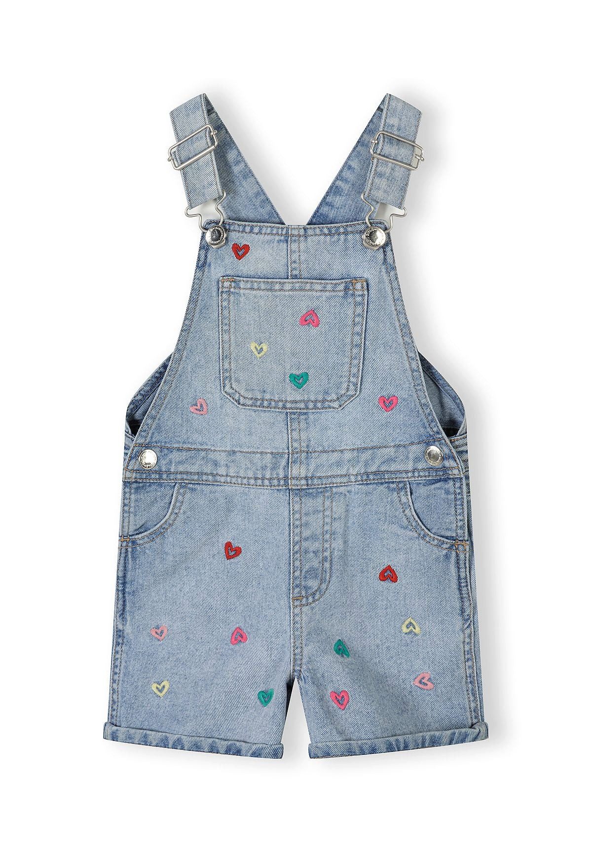 MINOTI Latzhose für Mädchen aus Denim mit Herzstickerei kurzes Bein