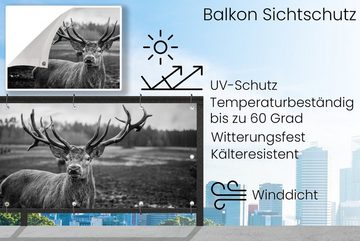 MuchoWow Balkonsichtschutz Tiere - Hirsch - Geweih - Schwarz und weiß - Natur (1-St) Balkonbanner, Sichtschutz für den Balkon, Robustes und wetterfest