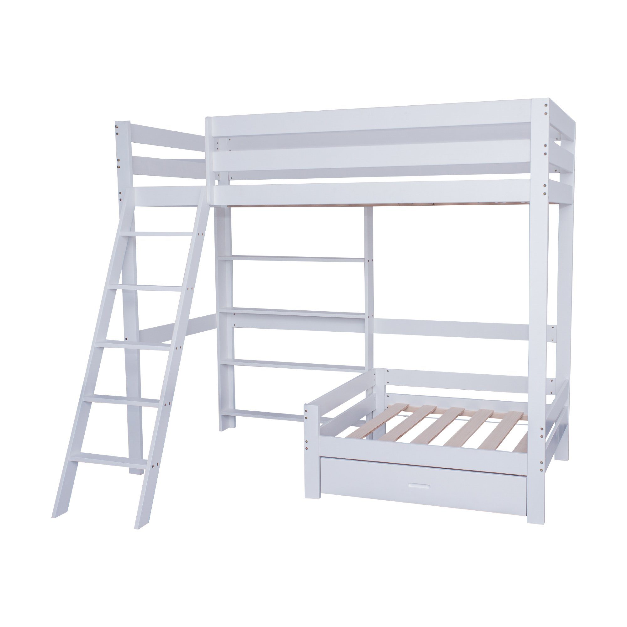 Hochbett Etagenbett mit Regalen, Sofa, Leiter und Schublade, Kiefer, 90x200 cm