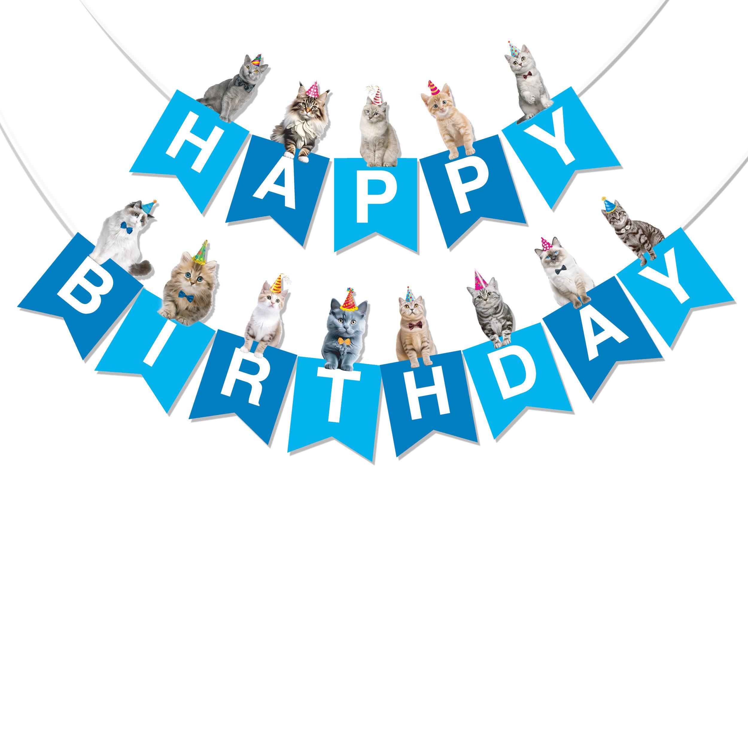 BRUBAKER Wimpelkette Happy Birthday mit Party Katzen - Geburtstag Deko Party Banner, Geburtstagsgirlande für Jungen und Mädchen - Tier Girlande