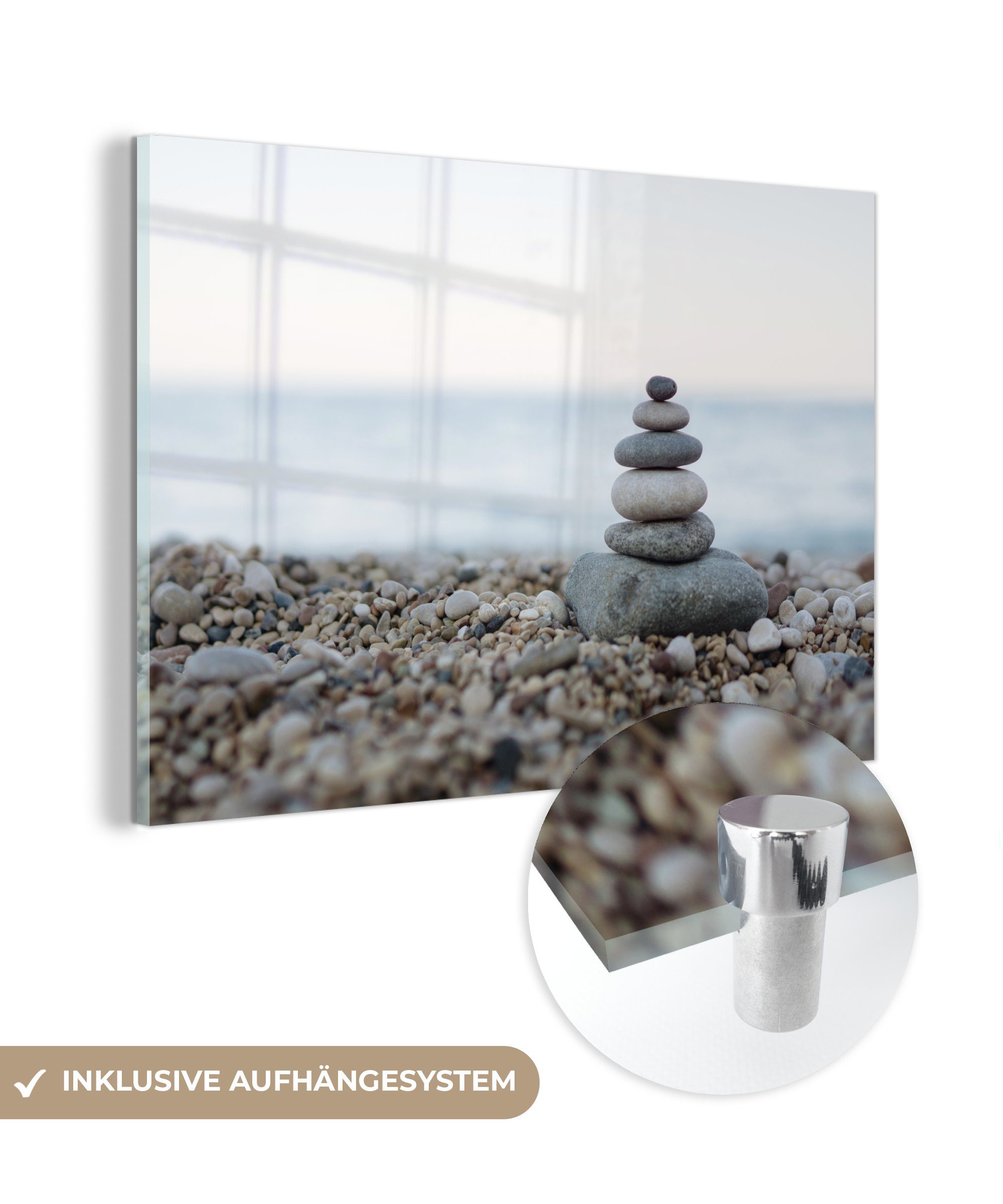 MuchoWow Acrylglasbild Strand - St), Glas Bilder Steine Wandbild - (1 Glas auf - Glasbilder - - Foto Grau, Wanddekoration auf
