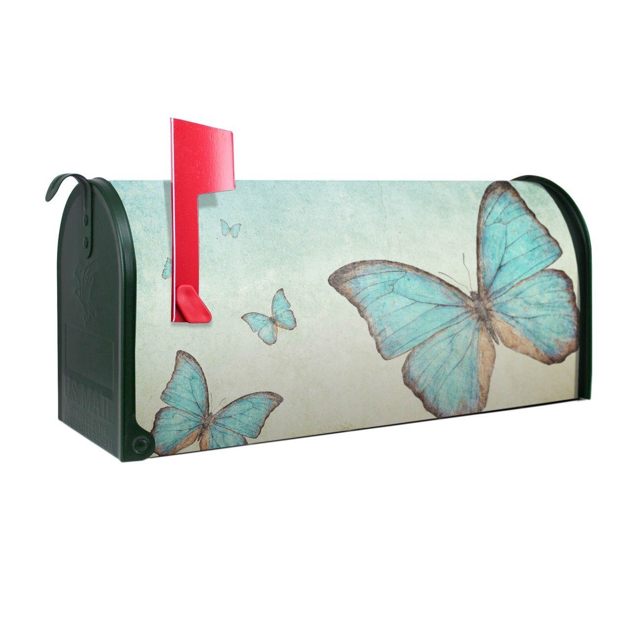 banjado Amerikanischer Briefkasten Mailbox Blaue Schmetterlinge (Amerikanischer Briefkasten, original aus Mississippi USA), 22 x 17 x 51 cm grün
