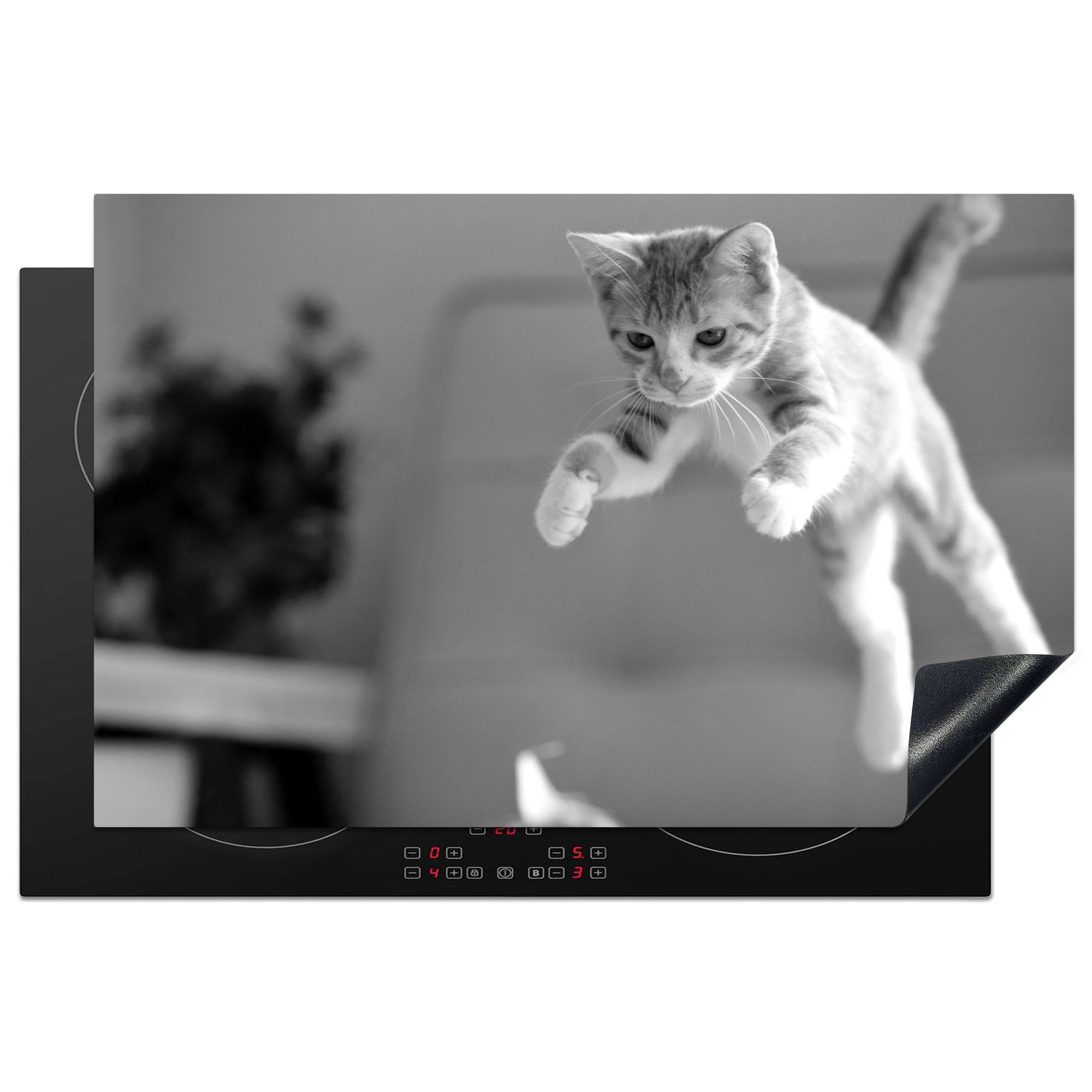 MuchoWow Herdblende-/Abdeckplatte Katze springt für Katzenspielzeug - schwarz und weiß, Vinyl, (1 tlg), 81x52 cm, Induktionskochfeld Schutz für die küche, Ceranfeldabdeckung