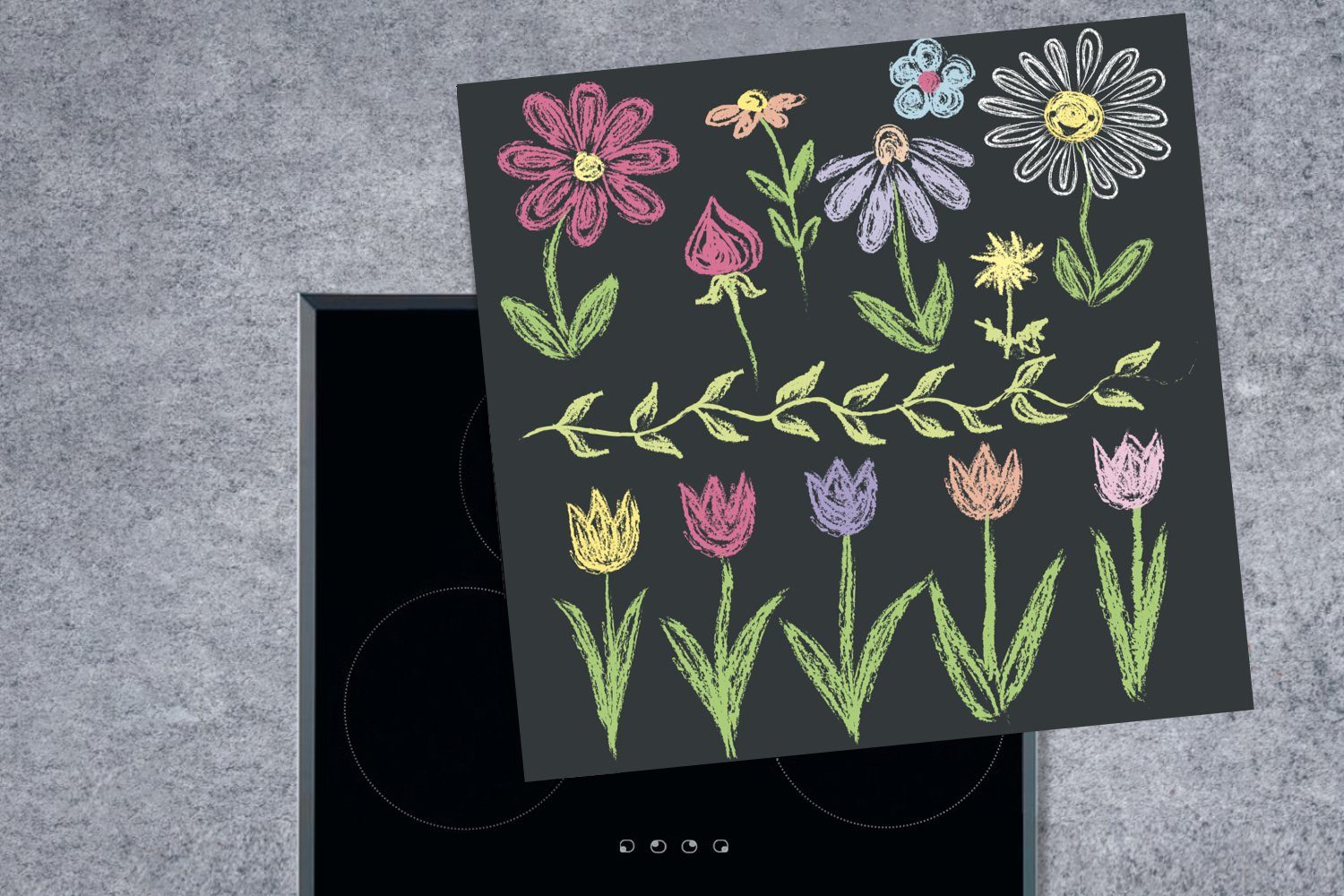 MuchoWow Herdblende-/Abdeckplatte Mit Kreide Illustration für Blumen 78x78 tlg), cm, Arbeitsplatte von (1 Vinyl, gezeichnete für Ceranfeldabdeckung, küche Kinder