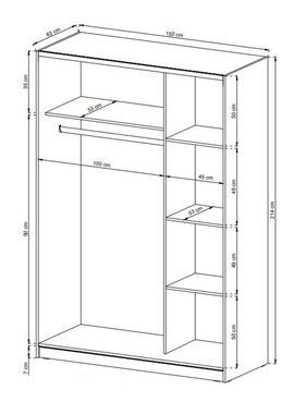 MOEBLO Kleiderschrank NELE II (Wohnzimmerschrank 2-türig Schrank Gaderobe Schiebtüren, mit Spiegel Schwebetürenschrank mit Einlegeböden und Kleiderstange) (BxHxT): 150/200x214x62 cm