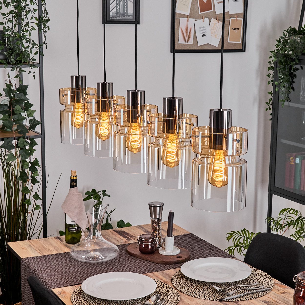 hofstein Hängeleuchte Hängelampe aus Metall/Glas in Schwarz/Bernsteinfarben günstig online kaufen