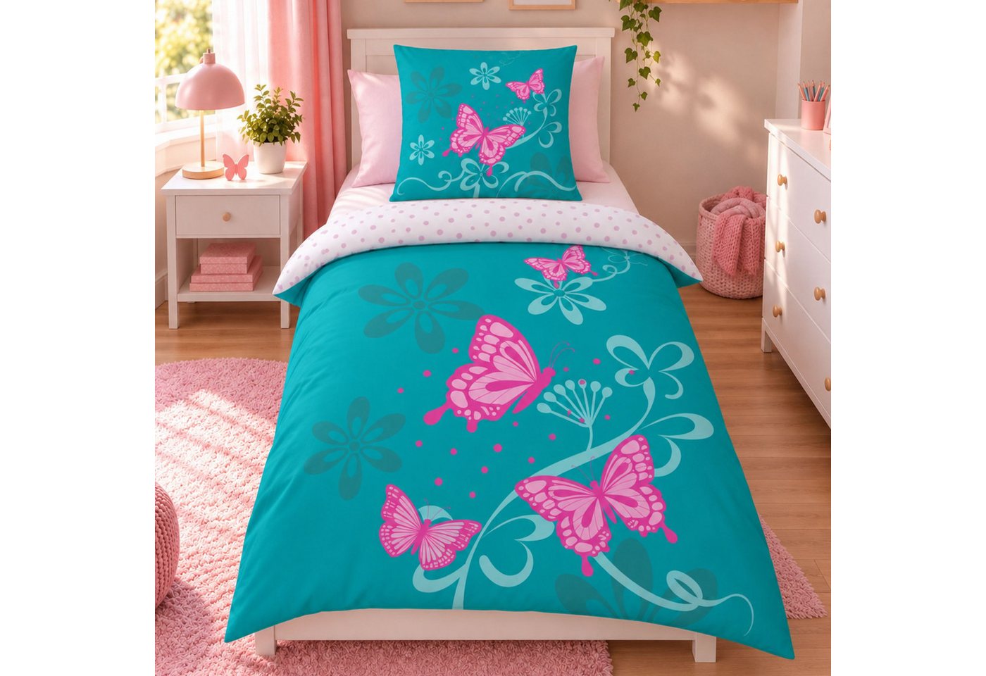 Familando Wendebettwäsche Butterfly 135x200 80x80 cm Türkis Weiß mit Schmetterlinge Pink, Renforcé, 2 teilig, 100% Baumwolle mit …
