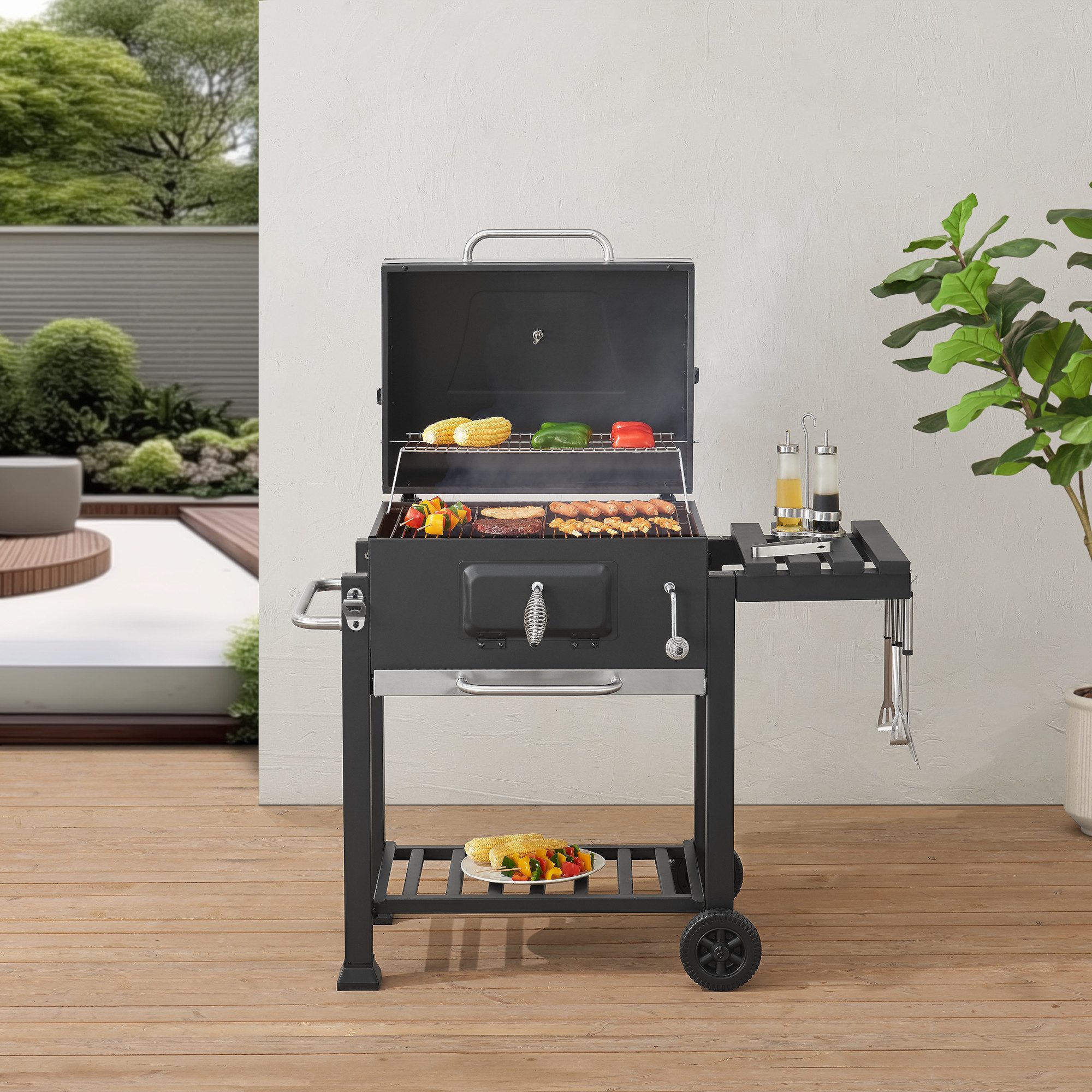 casa.pro Holzkohlegrill, »Arnad« Grillwagen mit klappbarer Ablage 105x114x47,5cm Schwarz