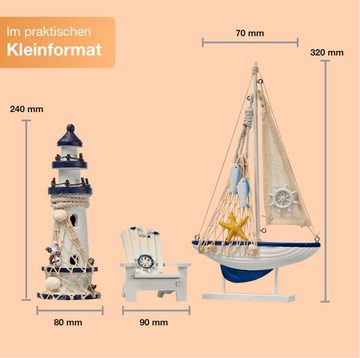 Flanacom Badaccessoires-Sets Maritime Badezimmer Deko - Holz Decor Accessoires, 3er Set, Leuchtturm, Segel-Schiff und Strand-Stuhl