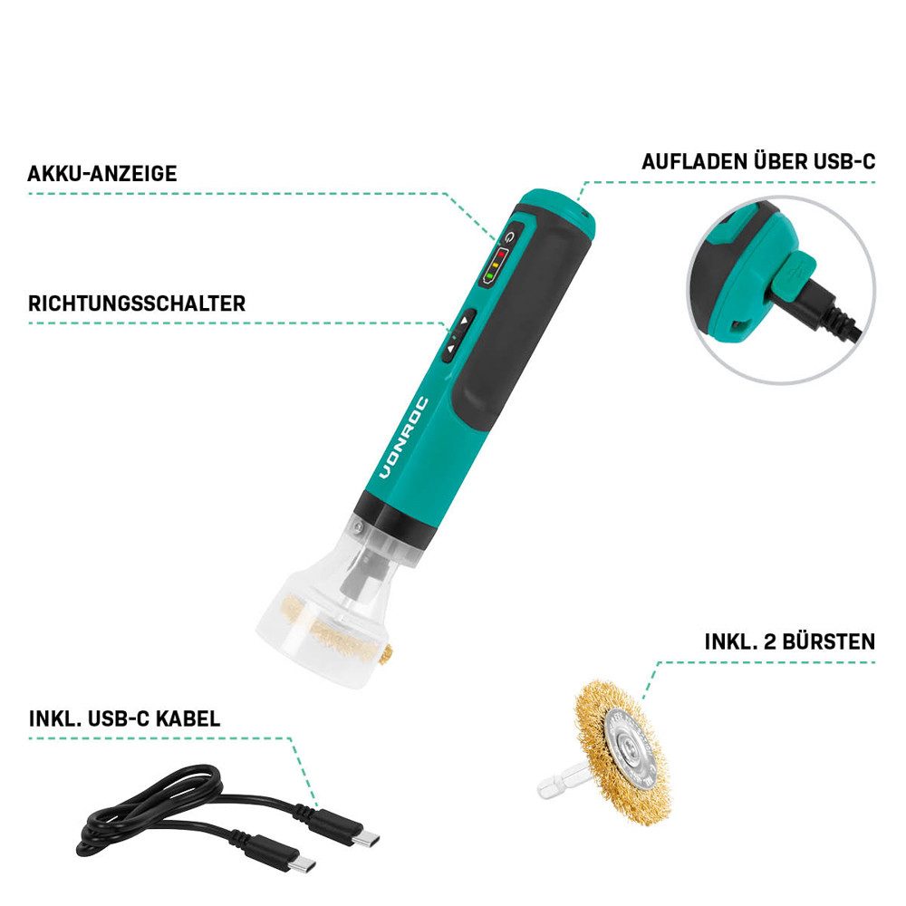 VONROC Akku-Fugenbürste 4V - inkl. USB-C Kabel, 5 cm Bürstendurchmesser, elektrische Reinigungsbürste für Fugen