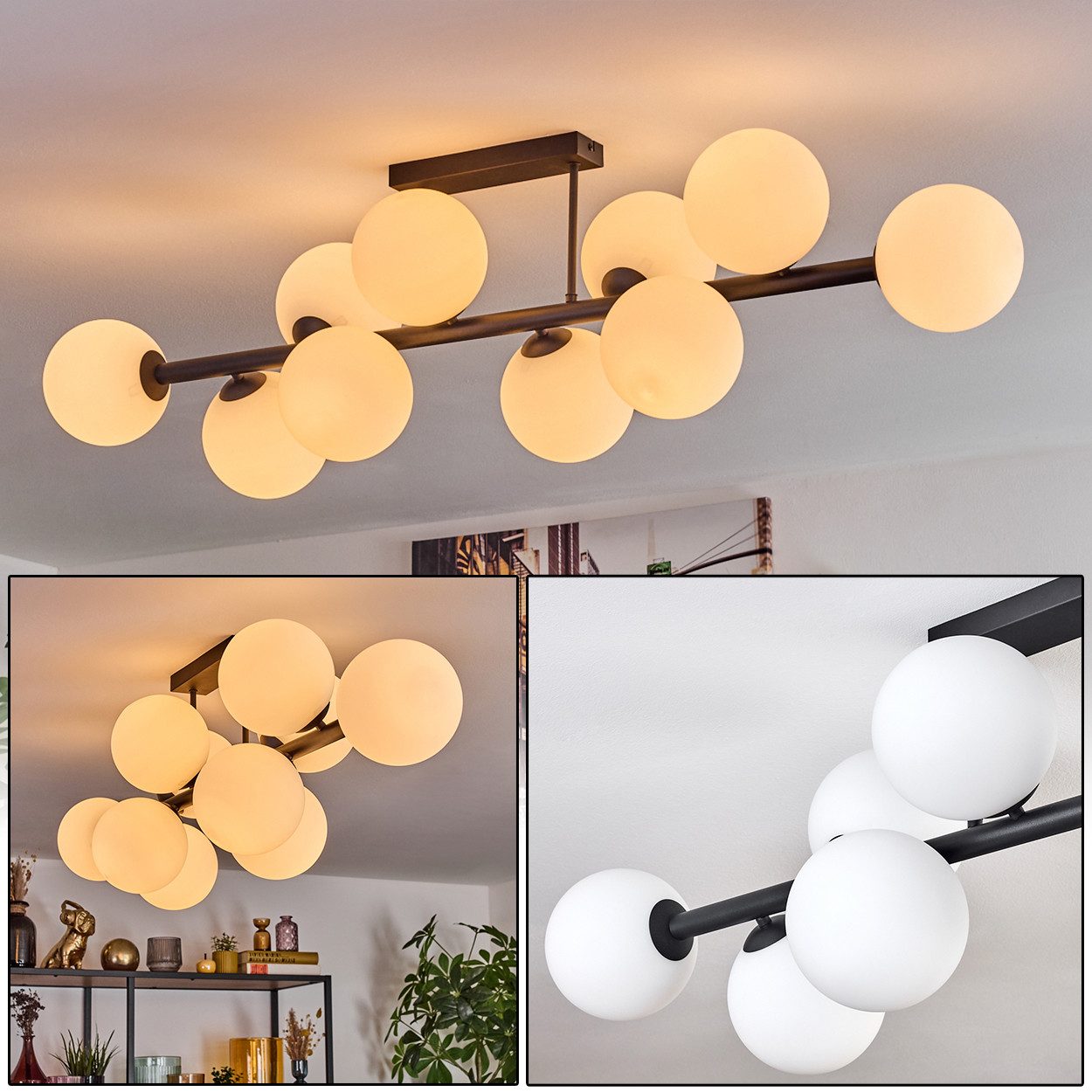Deckenleuchte 10-flammige Deckenlampe aus Metall/Glas in Schwarz/Milchglas/Weiß