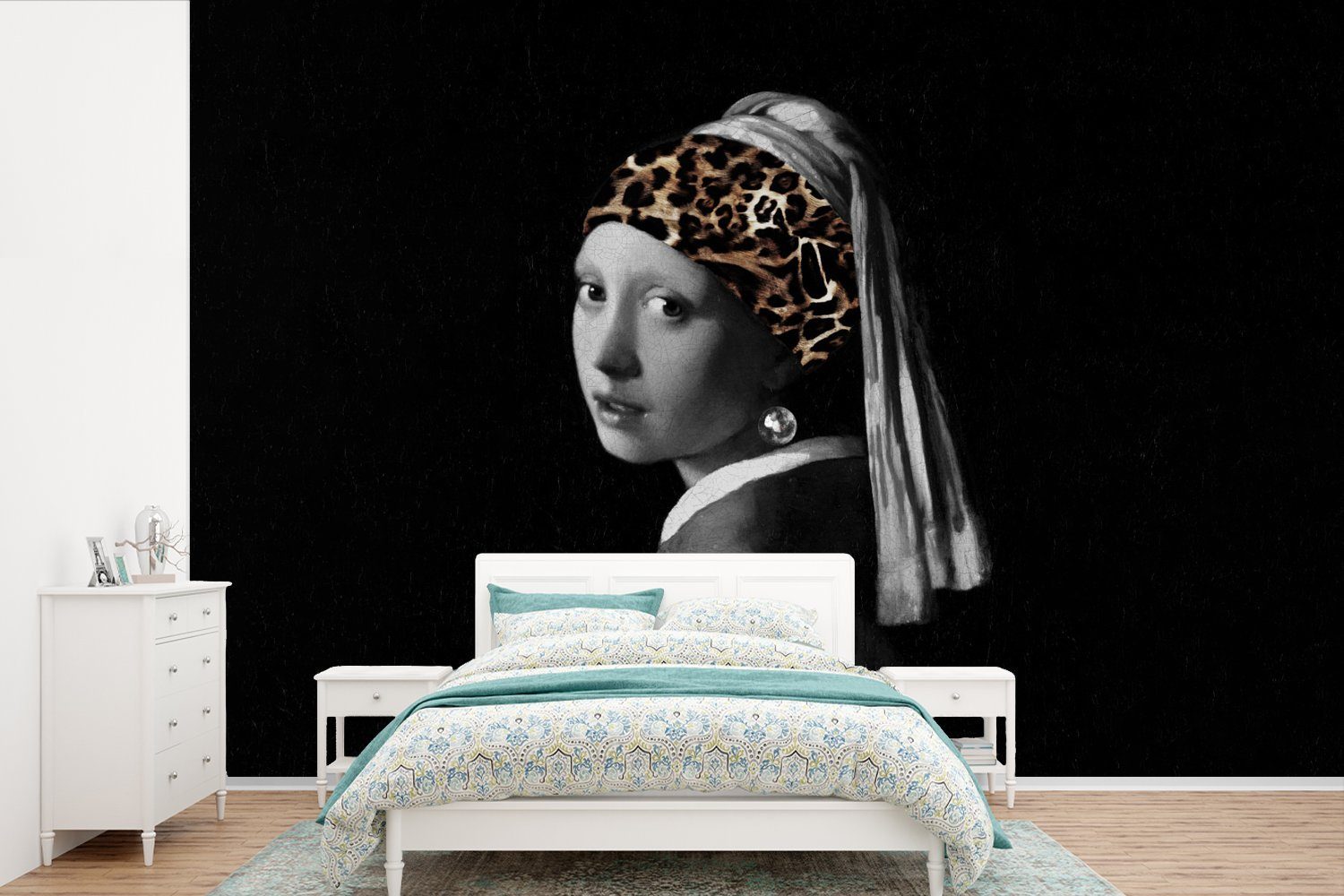MuchoWow Fototapete Girl with a Pearl Earring - Stirnband - Pantherdruck, Matt, bedruckt, (6 St), Wallpaper für Wohnzimmer, Schlafzimmer, Kinderzimmer, Vinyl Tapete