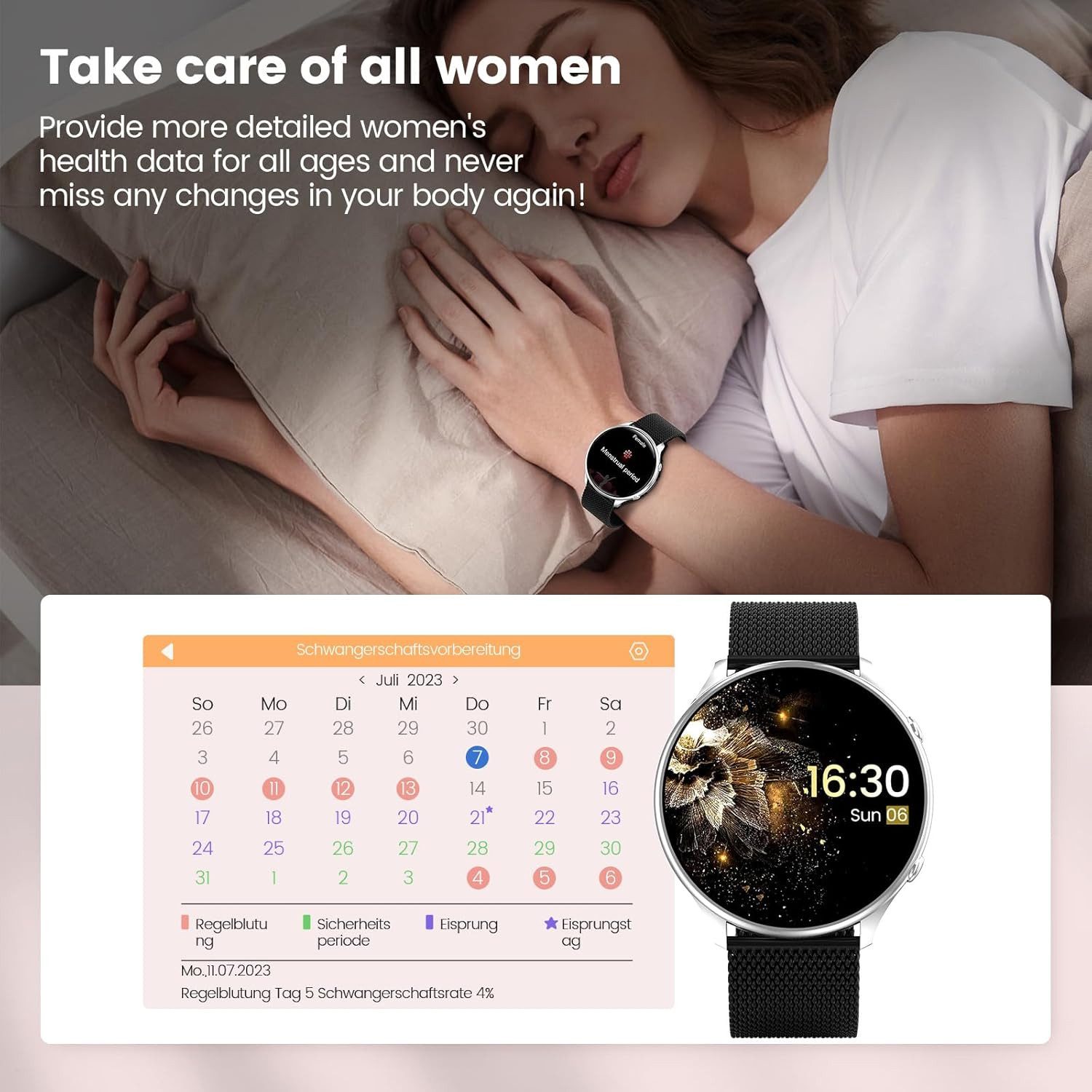 elfofle Damen's Telefonfunktion IP67 Wasserdicht Fitness Tracker Smartwatch (3,5 cm/1,39 Zoll, Android iOS), 1-tlg., mit 120 Sport SpO2 Pulsuhr Menstruationszyklus SchlafmonitorArmbanduhr