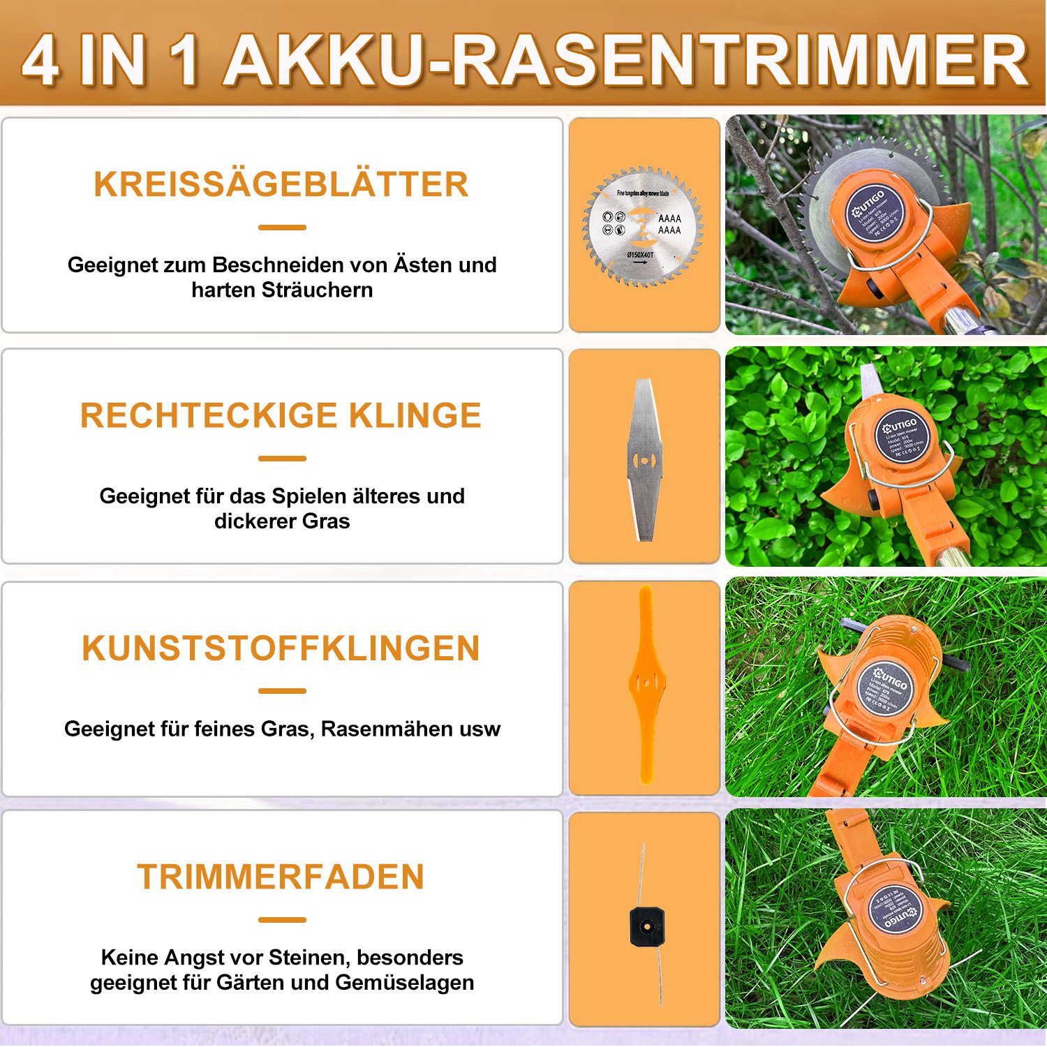 OUTIGO Akkurasenmäher Akku Rasentrimmer, 2 Akkus und 4 Messertypen, KF8L, A günstig online kaufen