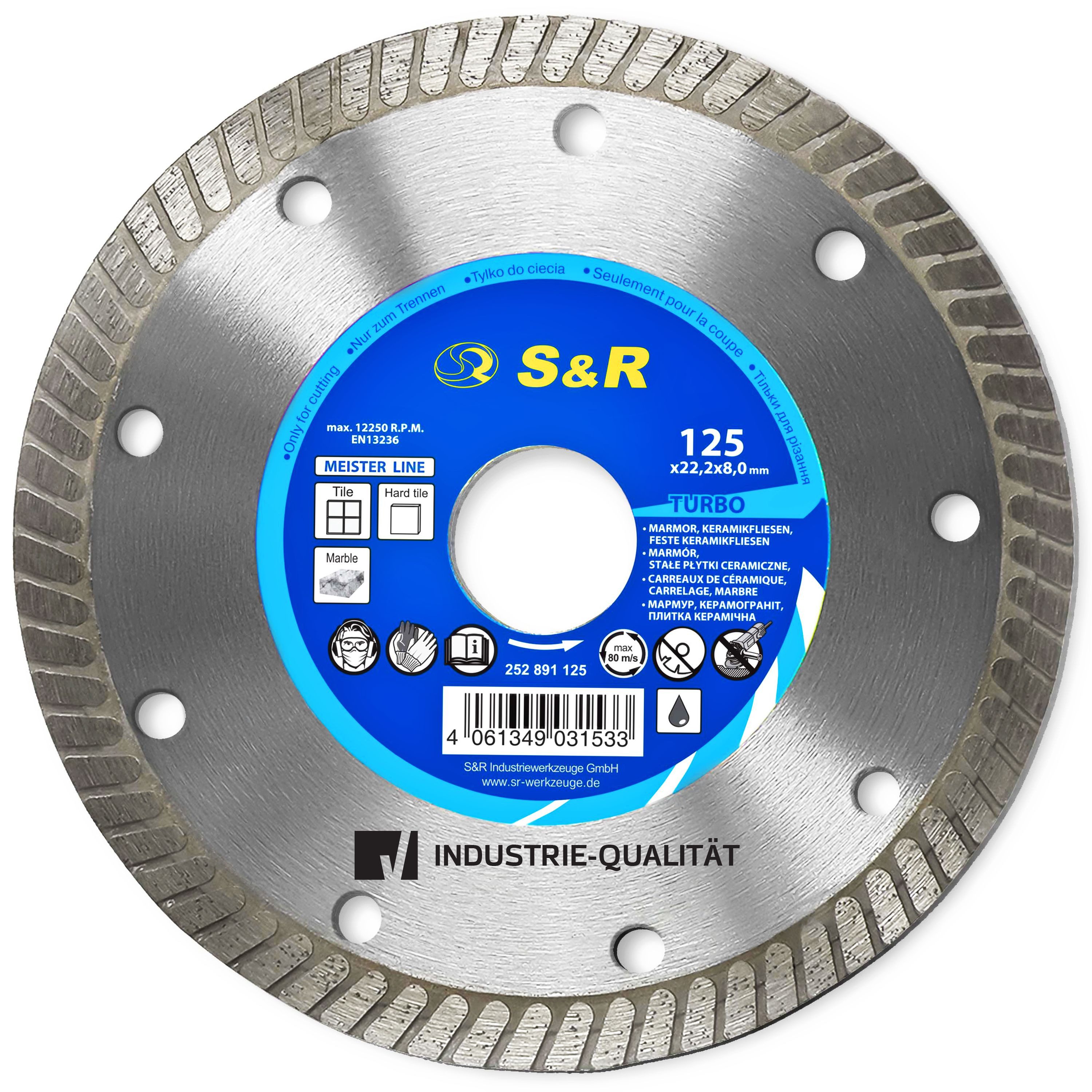 S&R Diamanttrennscheibe Fliesenscheibe, PREMIUM Clean Cut 125x22,23 mm, präzise Schnittkanten, Ø 125 mm, für Fliesen, Feinsteinzeug, harter Keramik, Granit, Marmor