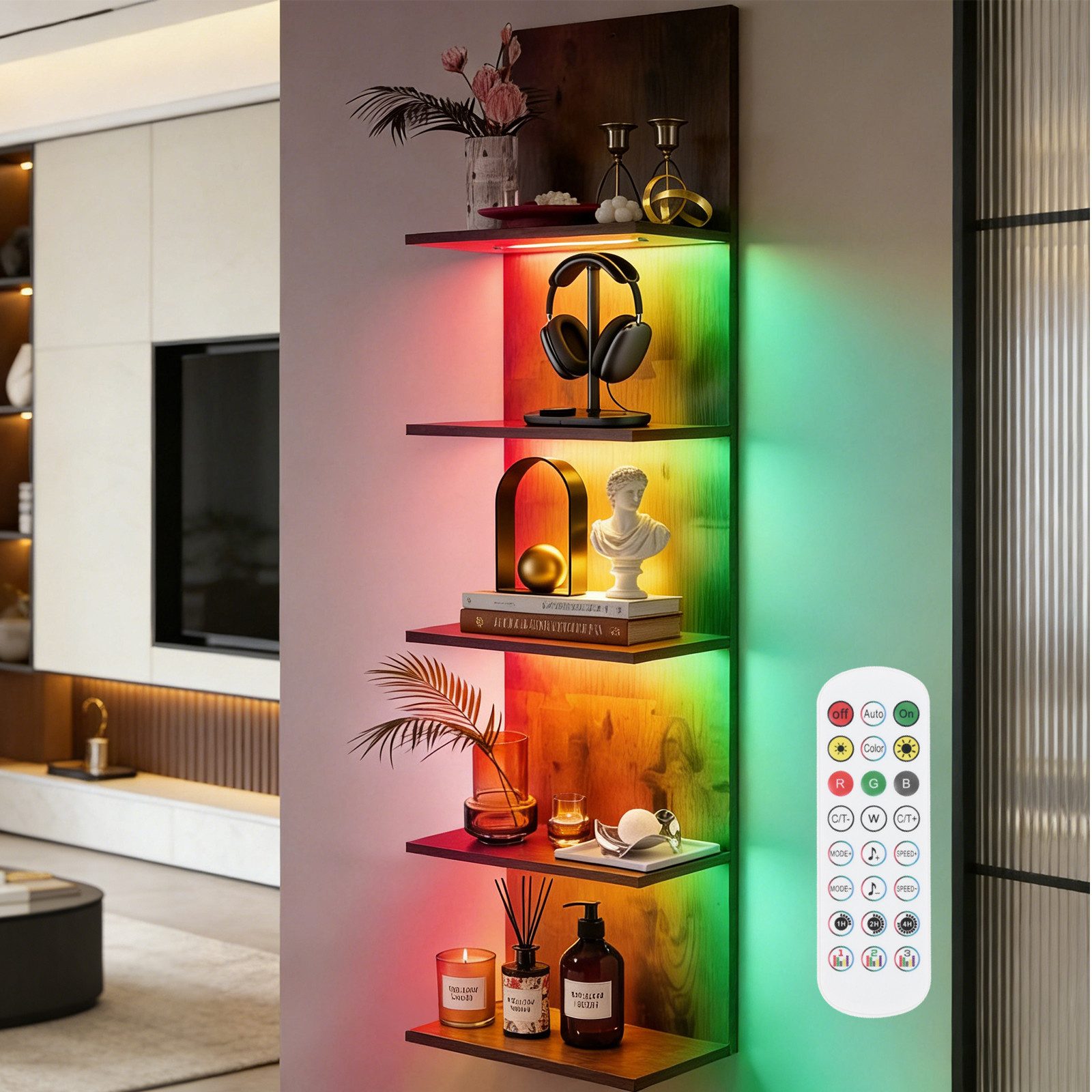 XERSEK Wandregal Bücherregal mit RGB+IC Lauflicht, Hängeregal Wandboard 30×18×117cm, Wandboard Aufbewahrung & Zeigen von Kopfhörer Modelle Duft Dekoartikel