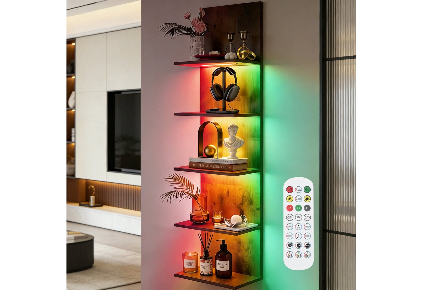 XERSEK Wandregal Bücherregal mit RGB+IC Lauflicht, Hängeregal Wandboard 30×18×117cm, Wandboard Aufbewahrung & Zeigen von Kopfhörer Modelle Duft Dekoartikel