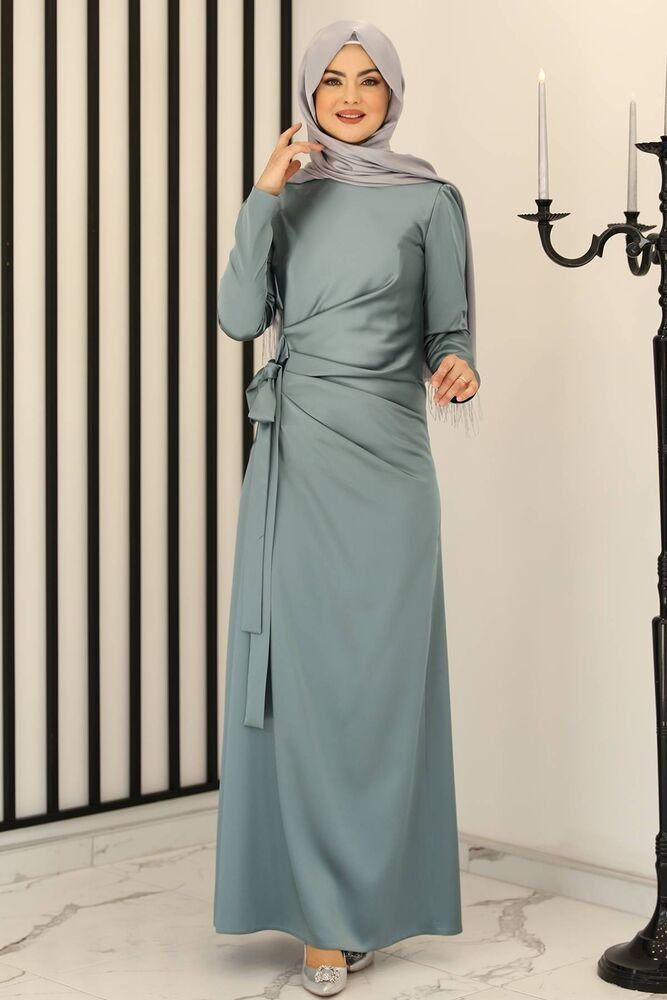 Schleife Abendkleid Mint Hijab Modavitrini Abiye Abaya Satinkleid mit Damen Maxikleid langärmliges