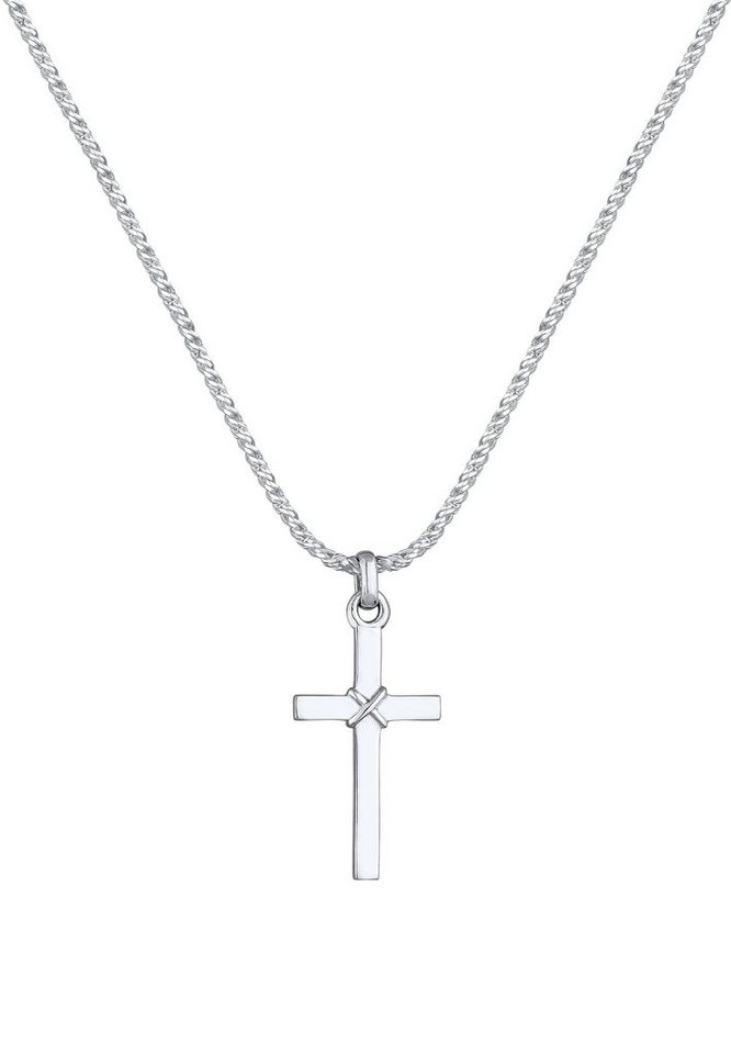 Kuzzoi Kette mit Anhänger Herren Kreuz Flach Kordelkette 925 Silber, Kreuz