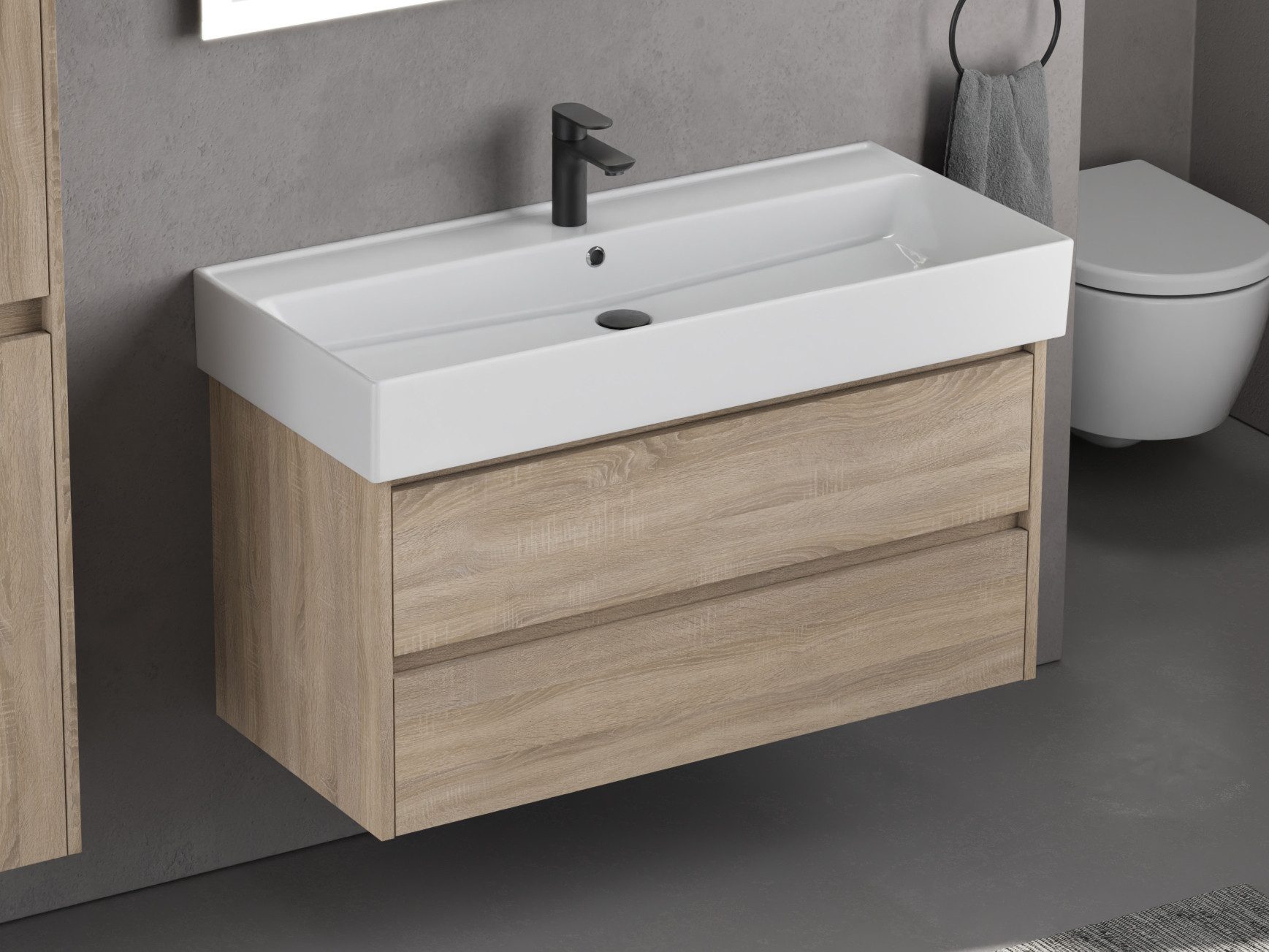 Aqua Bagno Badmöbel-Set Unterschrank mit Waschtisch in Eiche Gold 100 cm Keramikwaschbecken, (vormontiert, 2-St., Badmöbelschrank melaminbeschichtet, Keramikwaschbecken), einfache Montage