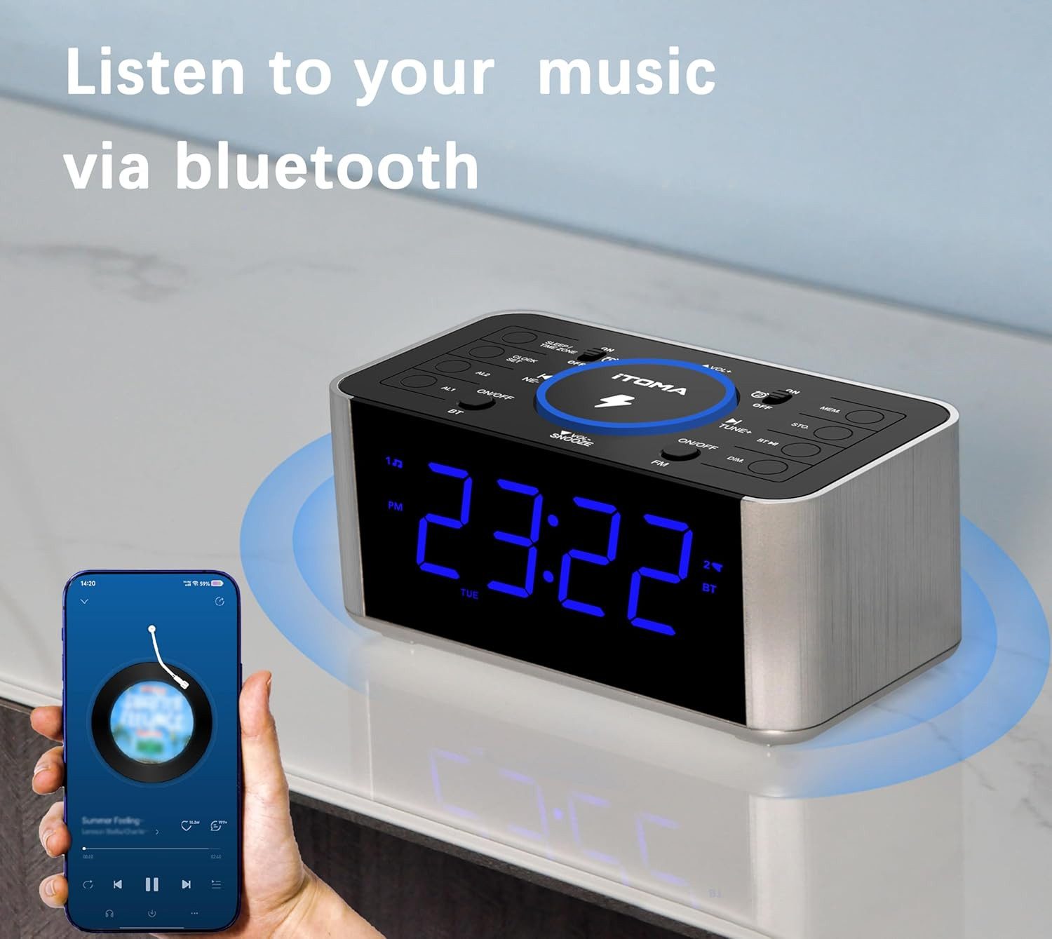 iTOMA Radiowecker Kabelloses Laden, USB-Port, Bluetooth, FM-Radio, Dimmer-Display