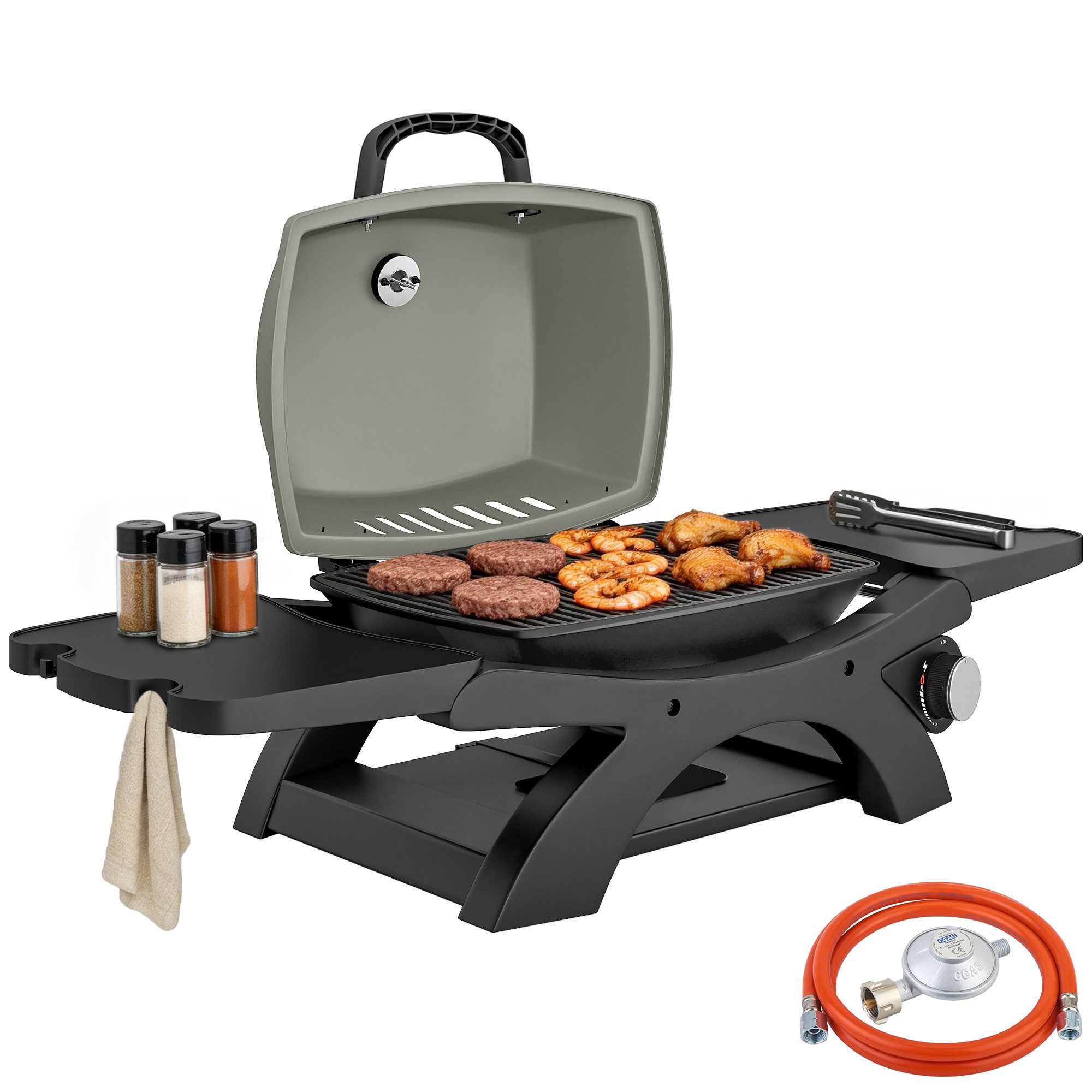 Outsunny Gasgrill mit 1 Brenner, klappbar Seitentischen, Gusseisen Grillroste, Tischgasgrill, Tischgrill, für Garten Balkon