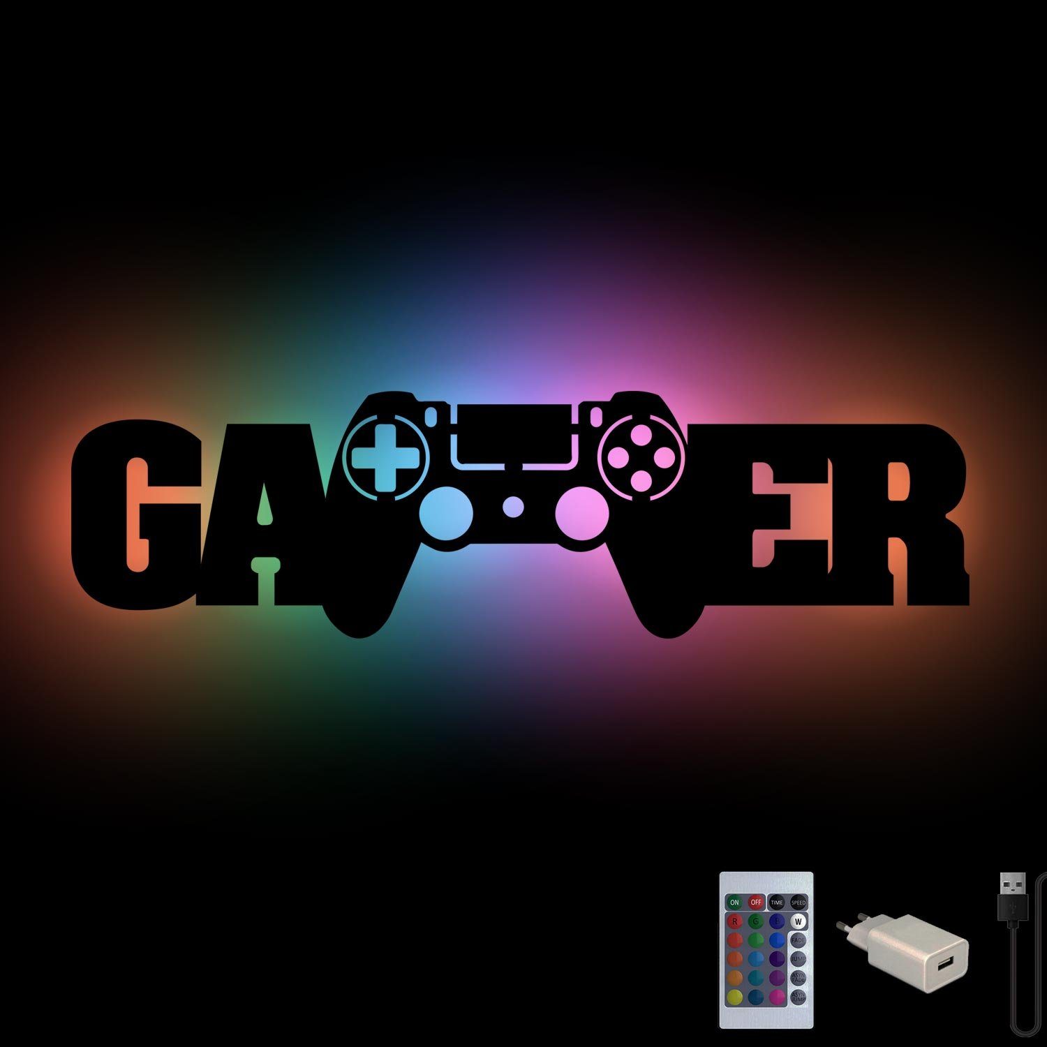 Namofactur LED Dekolicht Gamer Gaming fest Leuchte RGB - LED Controller mit Wanddeko Licht Farbwechsel, mit Gamer Braun integriert, Wohnzimmer Fernbedienung USB Wanddekoobjekt
