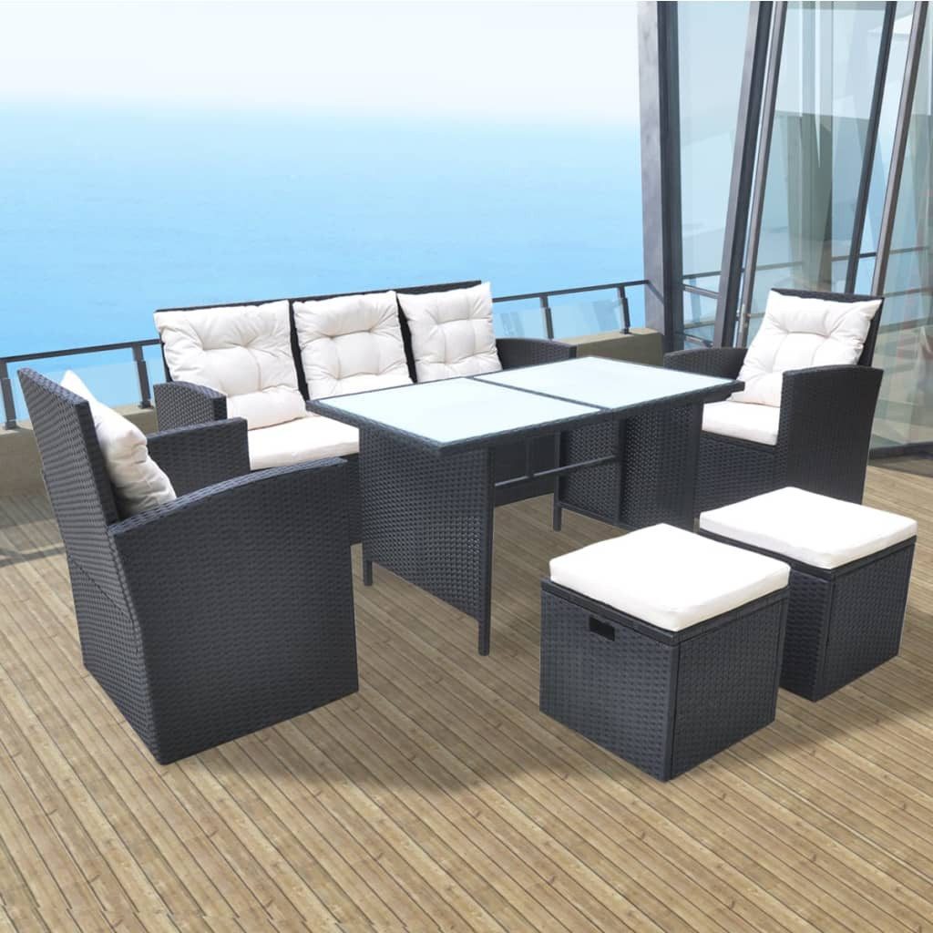 furnicato Garten-Essgruppe Essgruppe Poly Rattan Schwarz 160x62x87 cm 3-Sitzer Sofa, Wetterfeste Sitzgruppe mit Milchglasplatte und waschbaren Bezügen