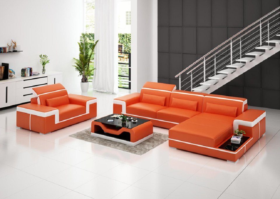 JVmoebel Ecksofa Ecksofa Set Couch Polster Sessel Wohnlandschaft L Form Leder Orange Orange/Weiß