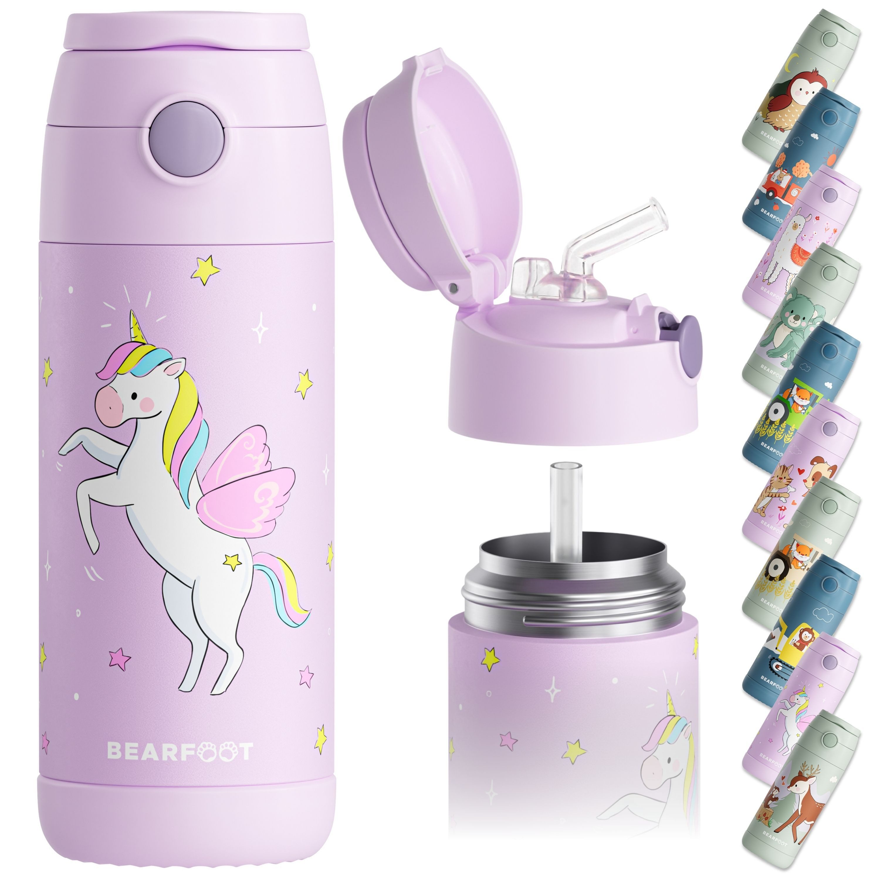 BEARFOOT Trinkflasche Thermo Kinder Trinkflasche Edelstahl - Einhorn lila, Thermosflasche, auslaufsicher, Edelstahl, Kinderflasche, BPA-frei