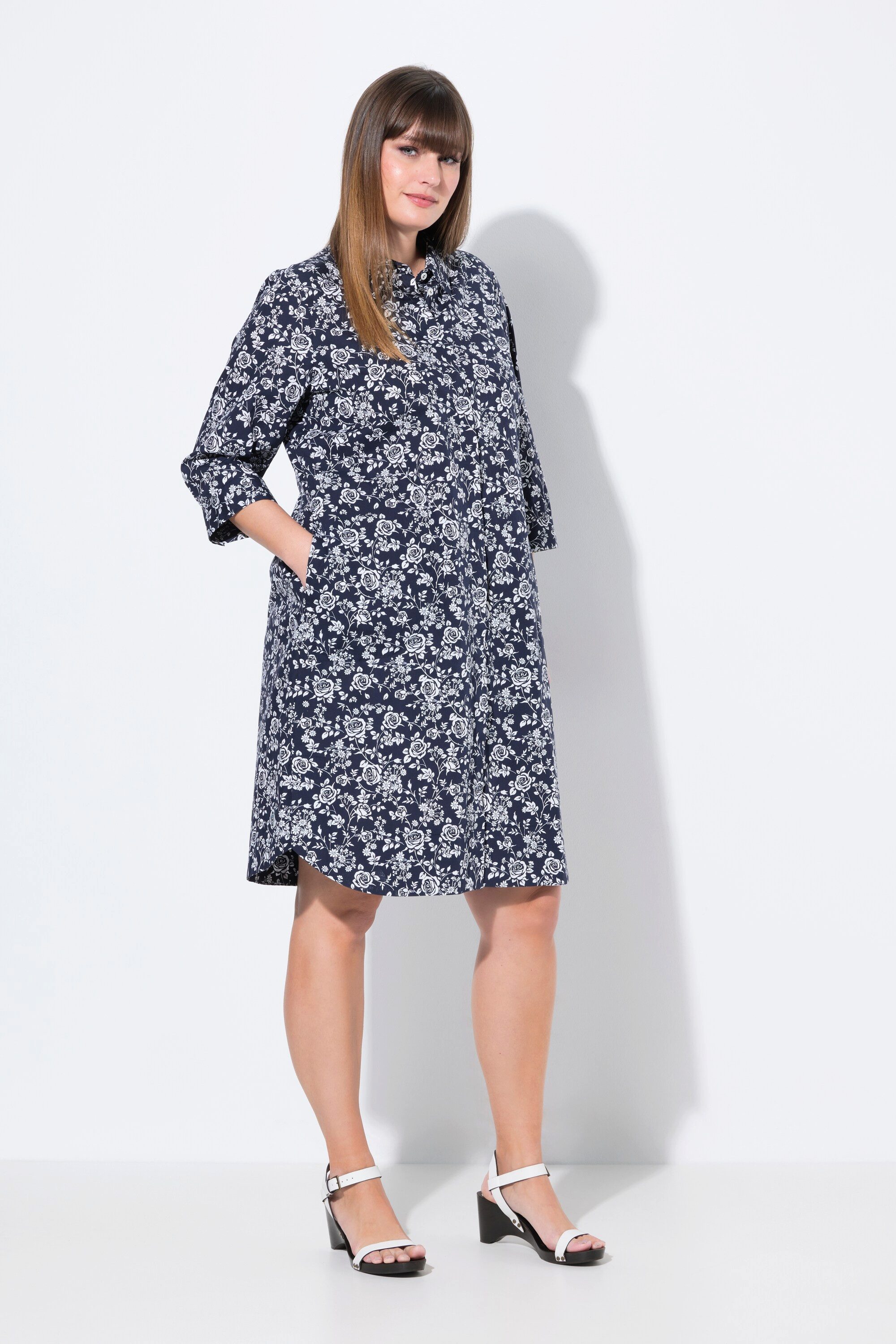 Ulla Popken Midikleid Hemdblusenkleid A-Linie Hemdkragen günstig online kaufen