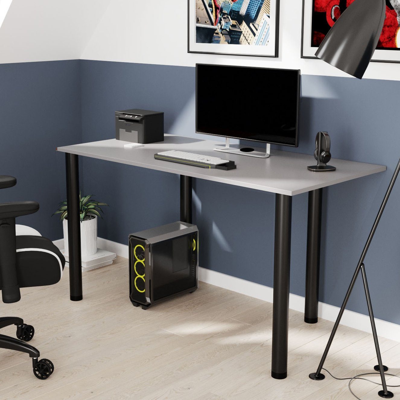 AKKE Schreibtisch, Schreibtisch mit PVC Kantenumleimung 2mm Light Graphite Beinen schwarze