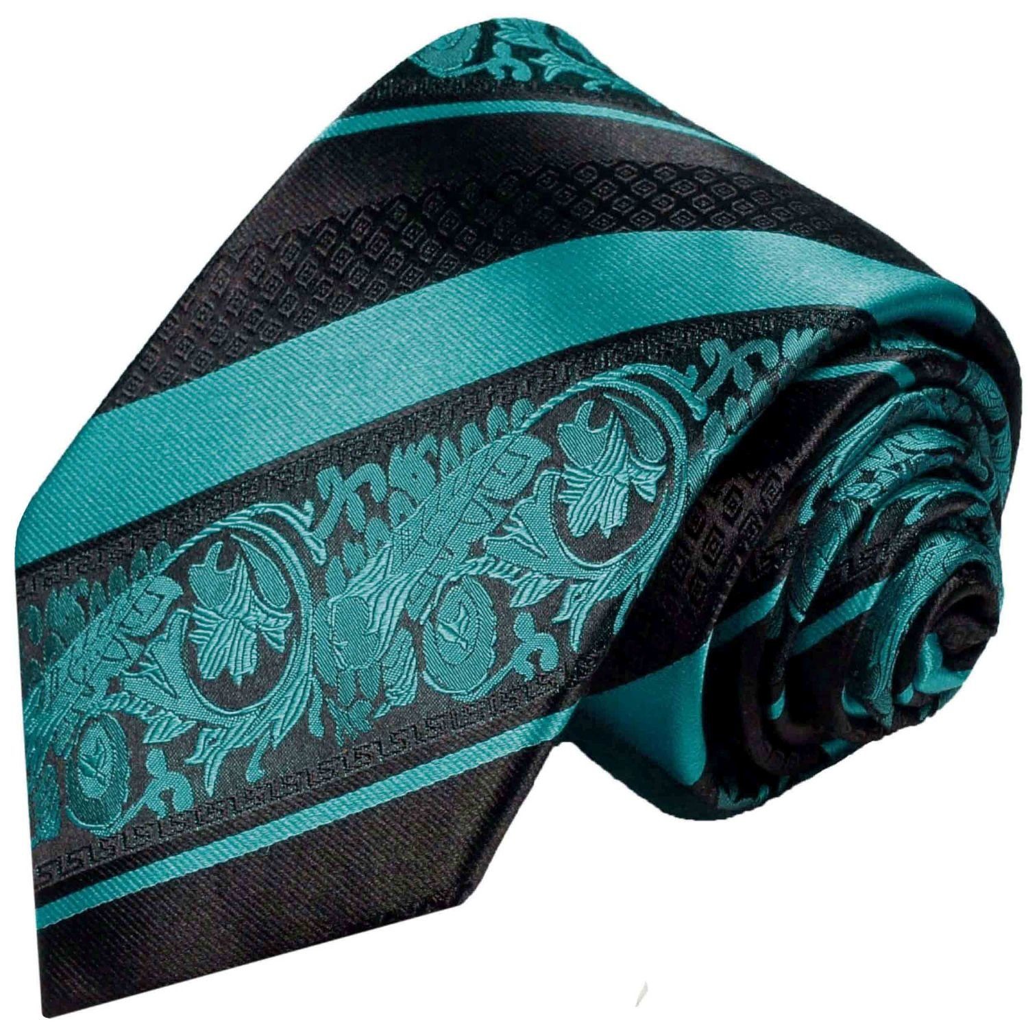 Krawatte (6cm), schwarz 2035 (Set, Malone 100% Krawatte mit 2-St., Tuch Herren gestreift Schmal Seide Seidenkrawatte mit blau Paul petrol Einstecktuch) barock Schlips