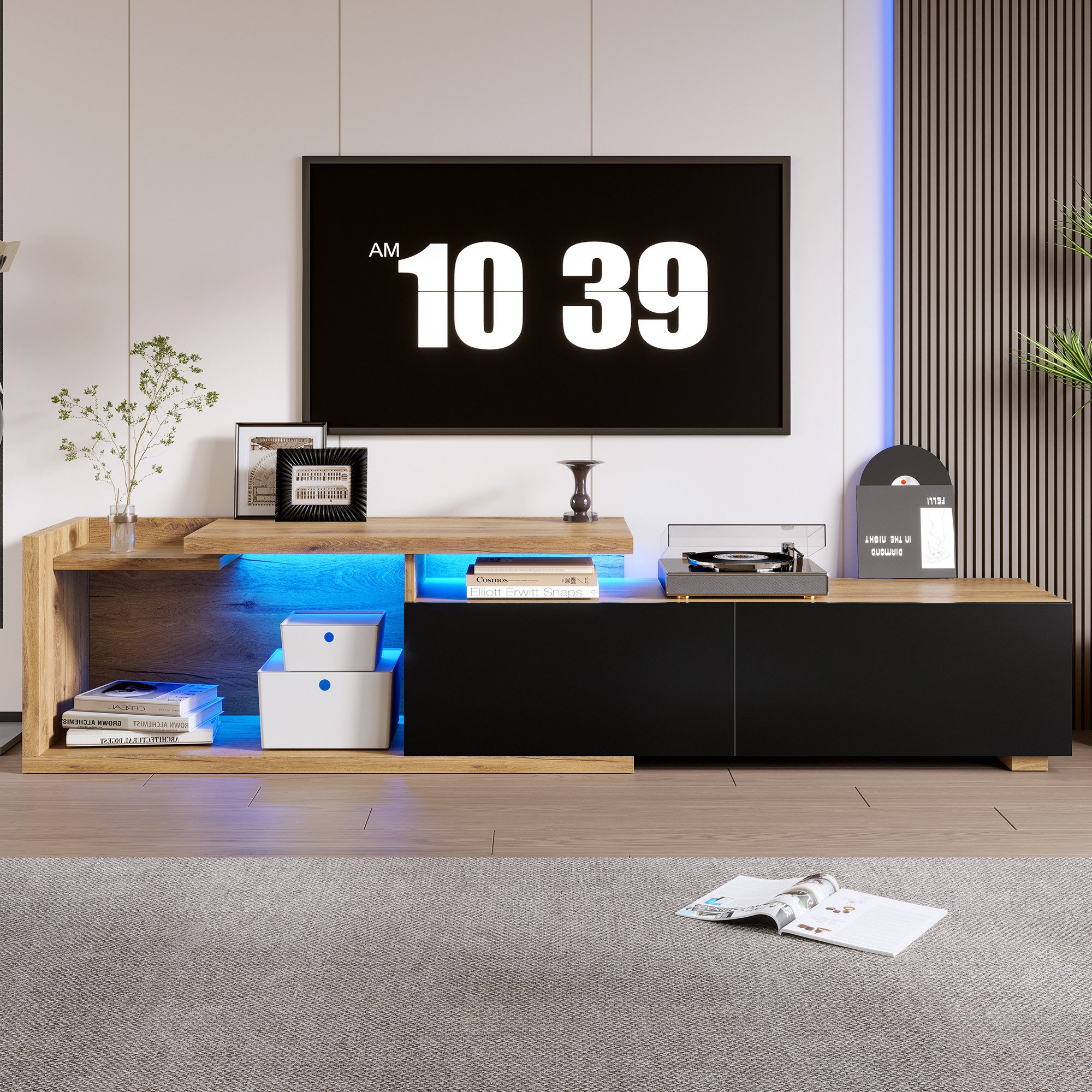 KLAM HOME Lowboard Modularer TV-Schrank mit LED-Beleuchtung und bewegbarem Modul (Flexibles 2-in-1 Design mit individuell kombinierbaren Elementen), Bis zu 2 Meter ausziehbar für maximale Raumflexibilität und Stauraum