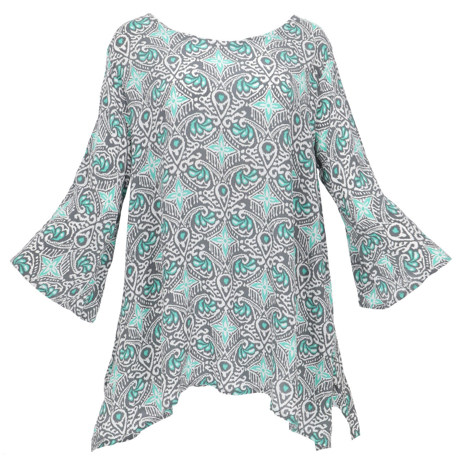 Guru-Shop Longbluse Tunika mit Trompetenärmeln für starke Frauen,.. Festival, Ethno Style, Hippie, alternative Bekleidung