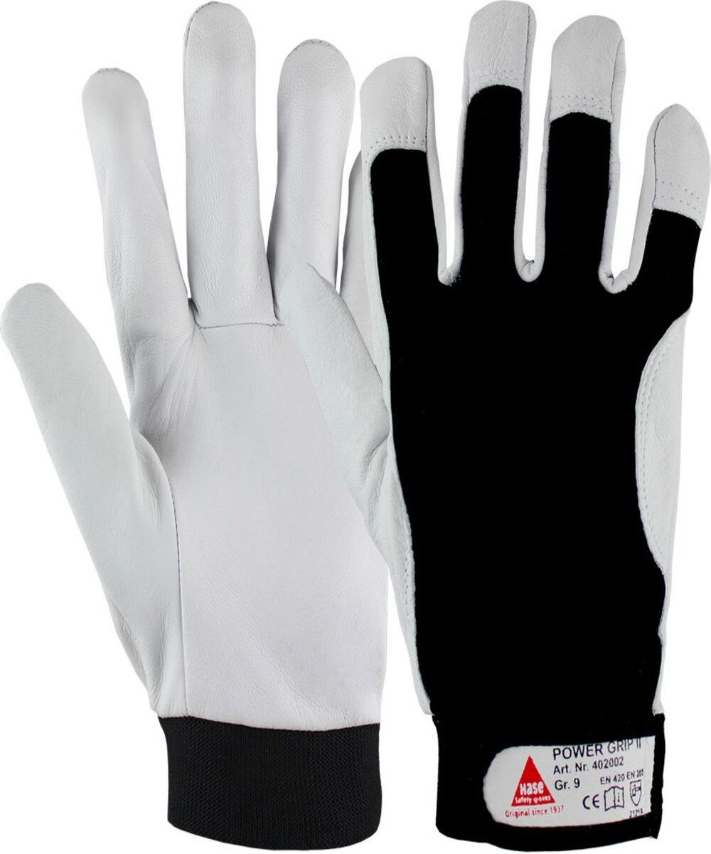 Hase Safety Gloves Lederhandschuhe Power Grip II Montagehandschuh aus Ziegenappaleder (Packung, 10-St., VPE= 10 Paar, Gr 7- 12) Atmungsaktiv/Klett