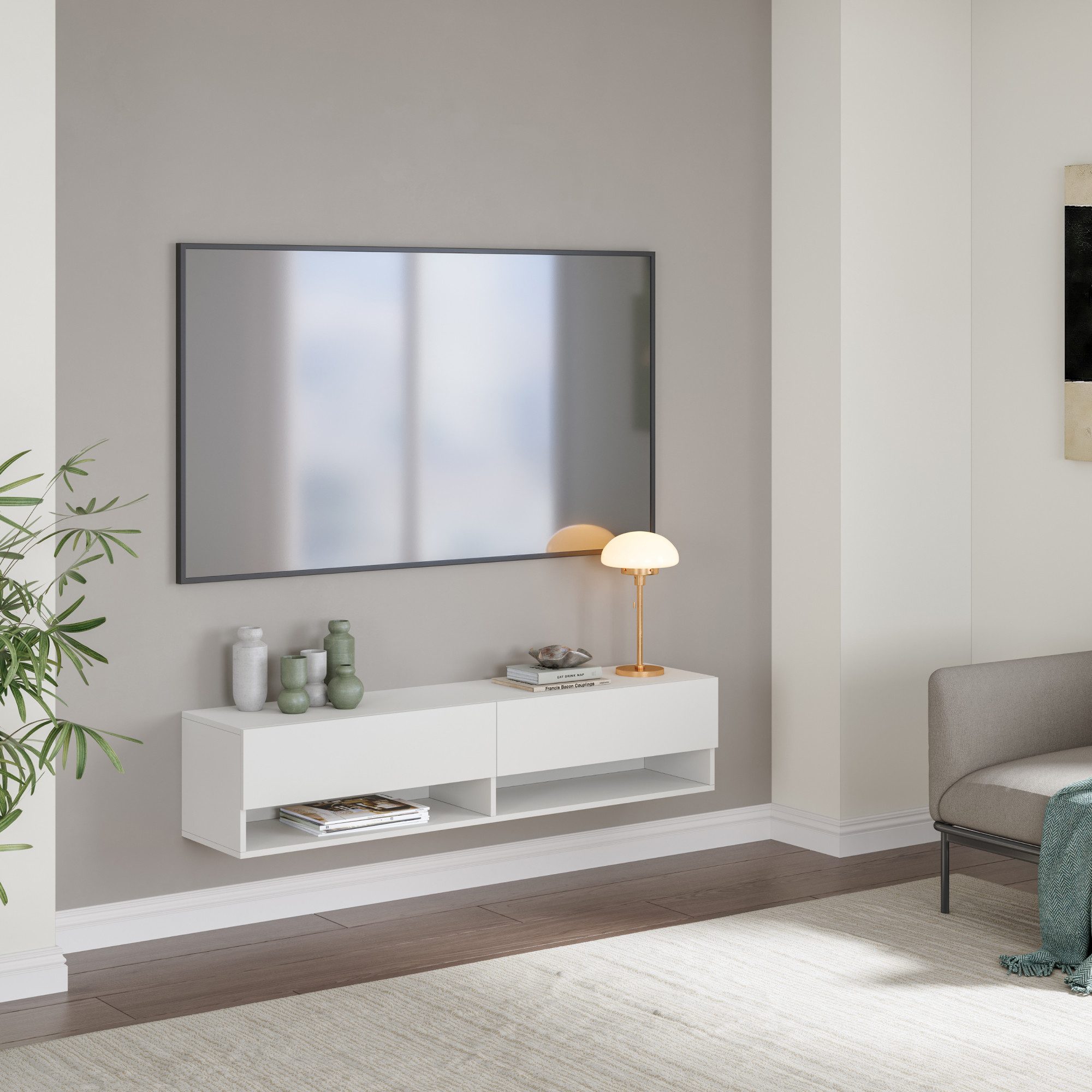 en.casa TV-Board, »Halmstad« hängend 2 Klappen 140 x 31 x 30 cm Weiß