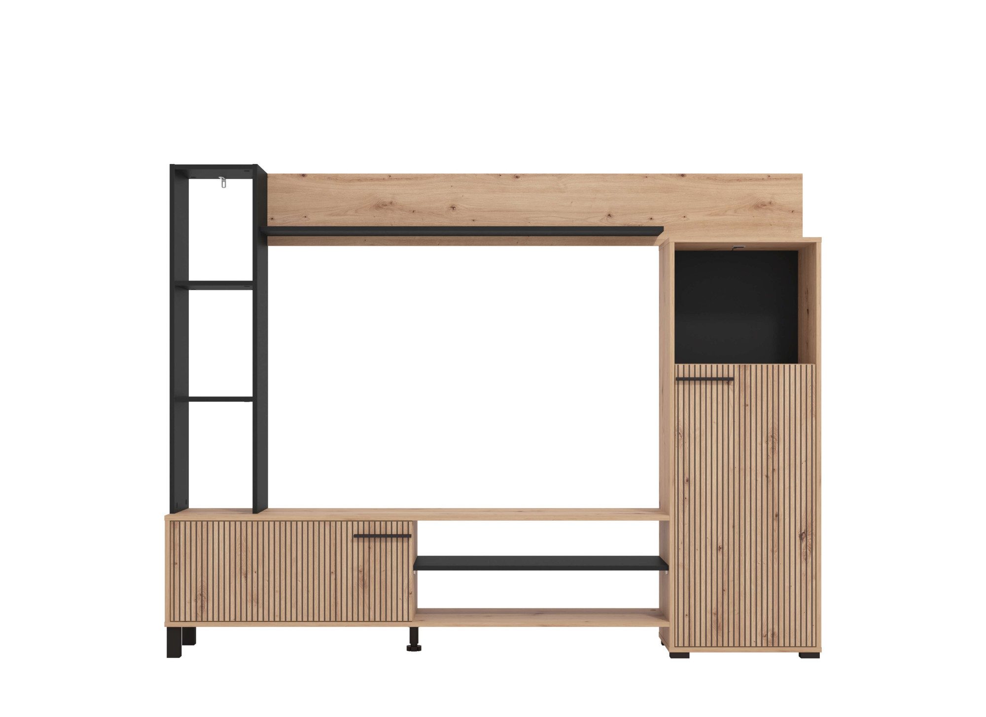 INOSIGN Wohnwand Retimno, inkl. Highboard, TV-Board, Standregal und Wandregal, (Komplett-Set, 4-St), 208 cm, Trendfarben, mit dekorativen schwarzen Streifen, TV bis 58'