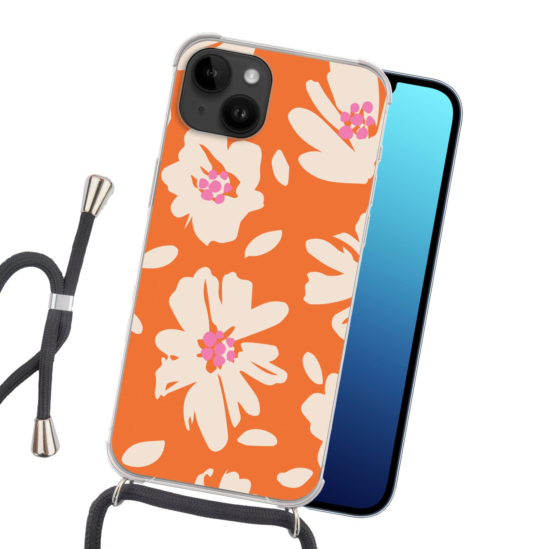 MuchoWow Handyhülle für Apple iPhone 14 Blumen - Orange - Beige - Rosa - Abstrakt, Tragbare Handyhüllen mit Kette zum umhängen, Handykette Handyband