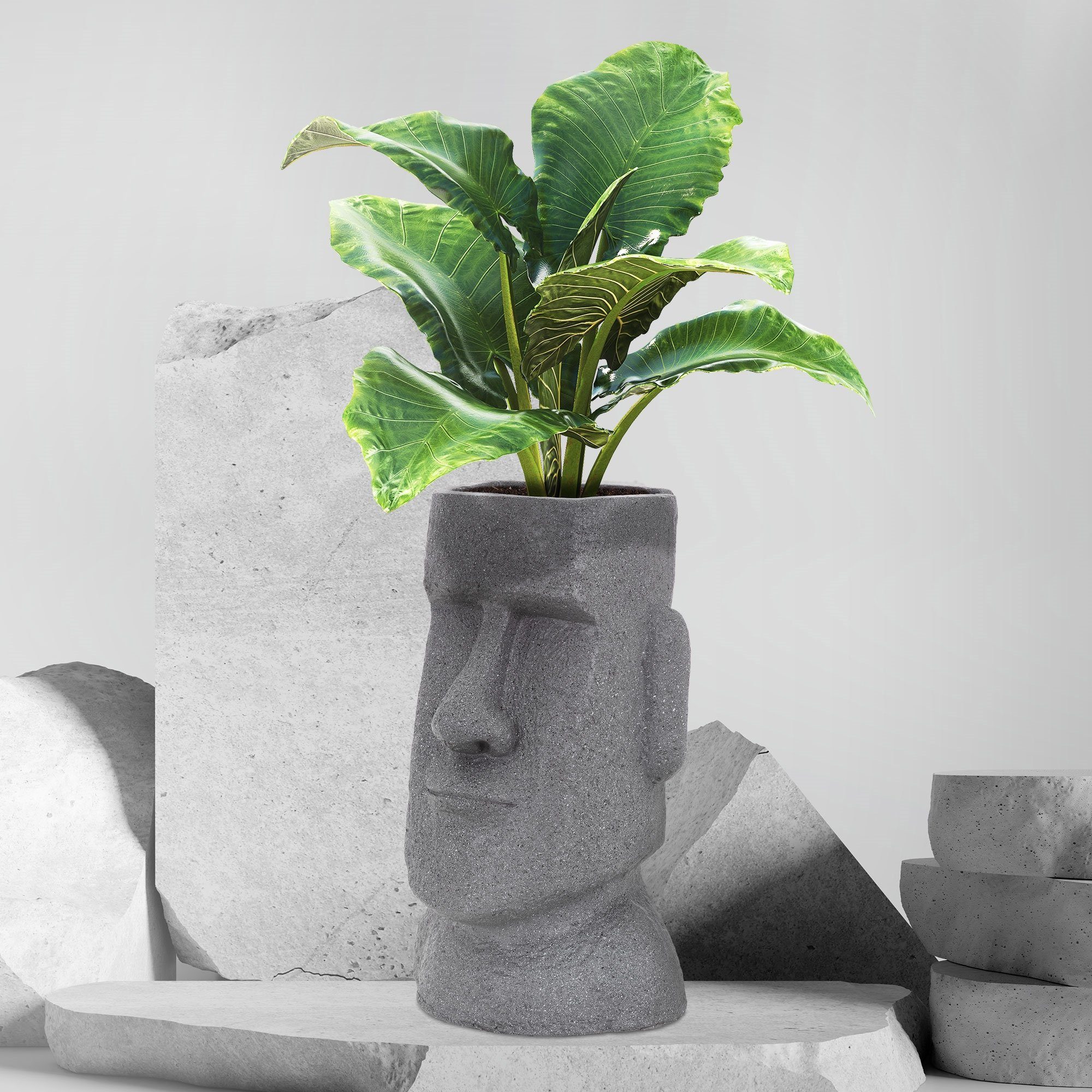 Pflanztopf Blumentopf Moai-Kopf Übertopf, Grau 26x23x43cm massiv Harz ML-DESIGN Figur Osterinsel Skulptur Innen-Außenstatue Pflanzgefäß