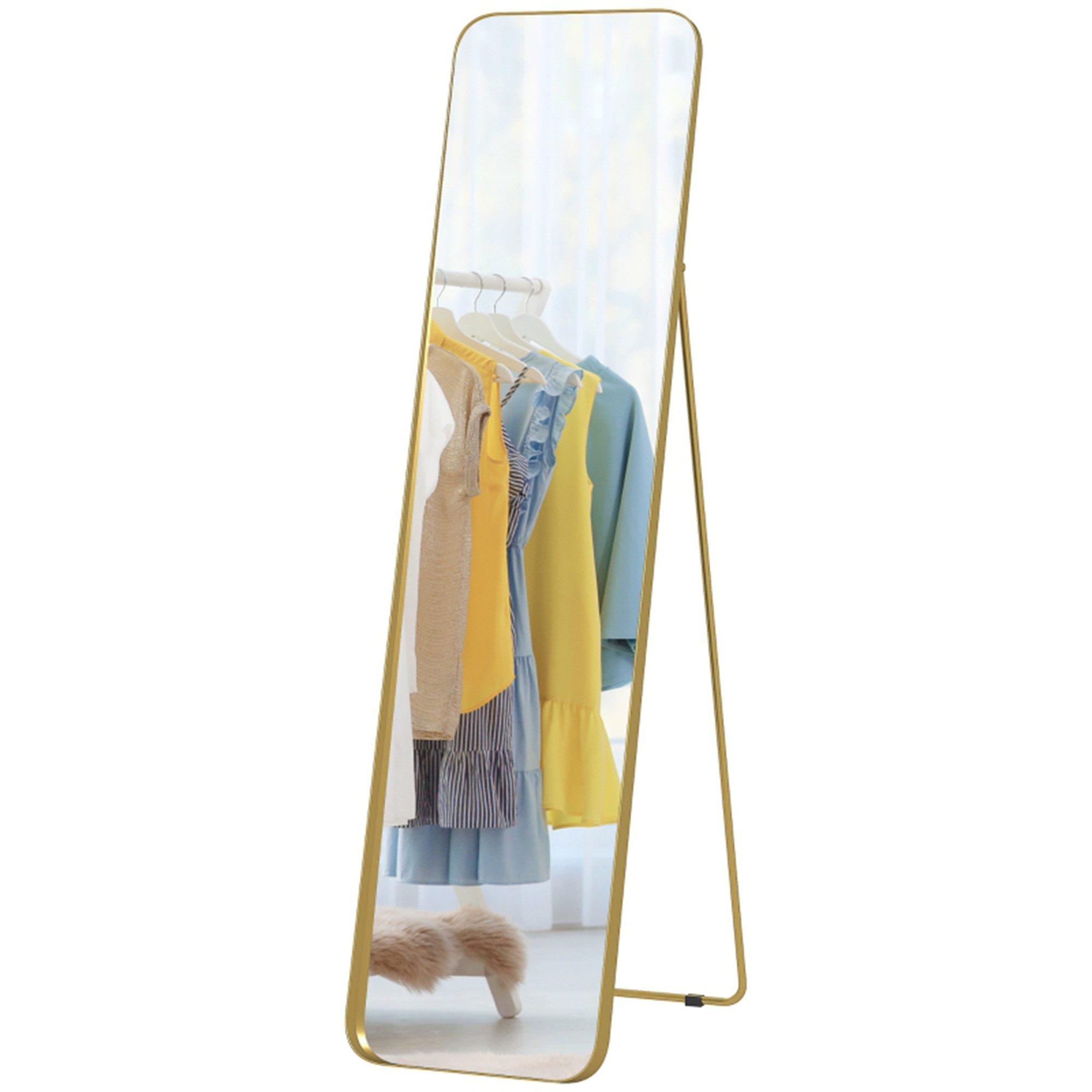 MC Star Ganzkörperspiegel 160 x 40 cm verjüngender Standspiegel mit Metallrahmen (und Bruchsichere Glas, Wandspiegel zum Stehen, Anlehnen, Spiegel für Wohnzimmer, Schlafzimmer, Flur, Gold)