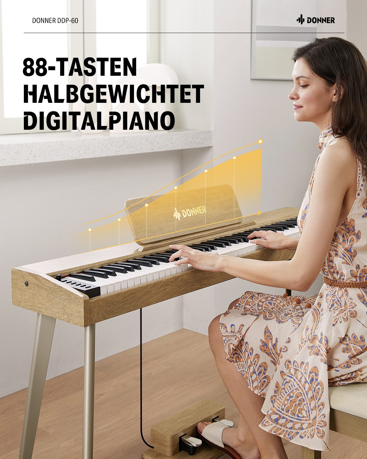 Donner Digitalpiano 88 Tasten halbgewichteter Tastatur Holzmaserung Keyboard DDP-60 (SET, 3-Pedal-Einheit,Netzadapter, Notenständer, Produktanleitung), 128 Stimmen, 83 Rhythmen, 8 Reverb-Effekten, 5 Stärkekurven