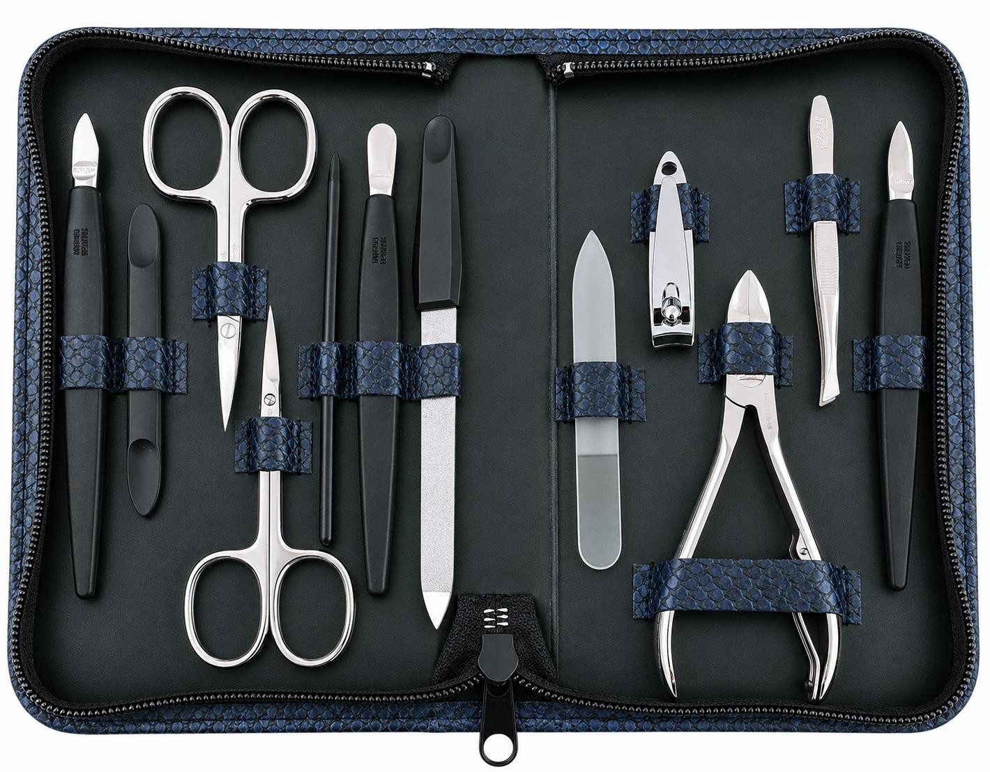 EloModa Maniküre-Kosmetik-Etui 12teiliges Solingen* Maniküre Set mit Leder-Etui Nagelpflege, Made in, 12 tlg., Made in Germany, Solinger Qualität, Echtleder-Etui, Gehärteter Stahl