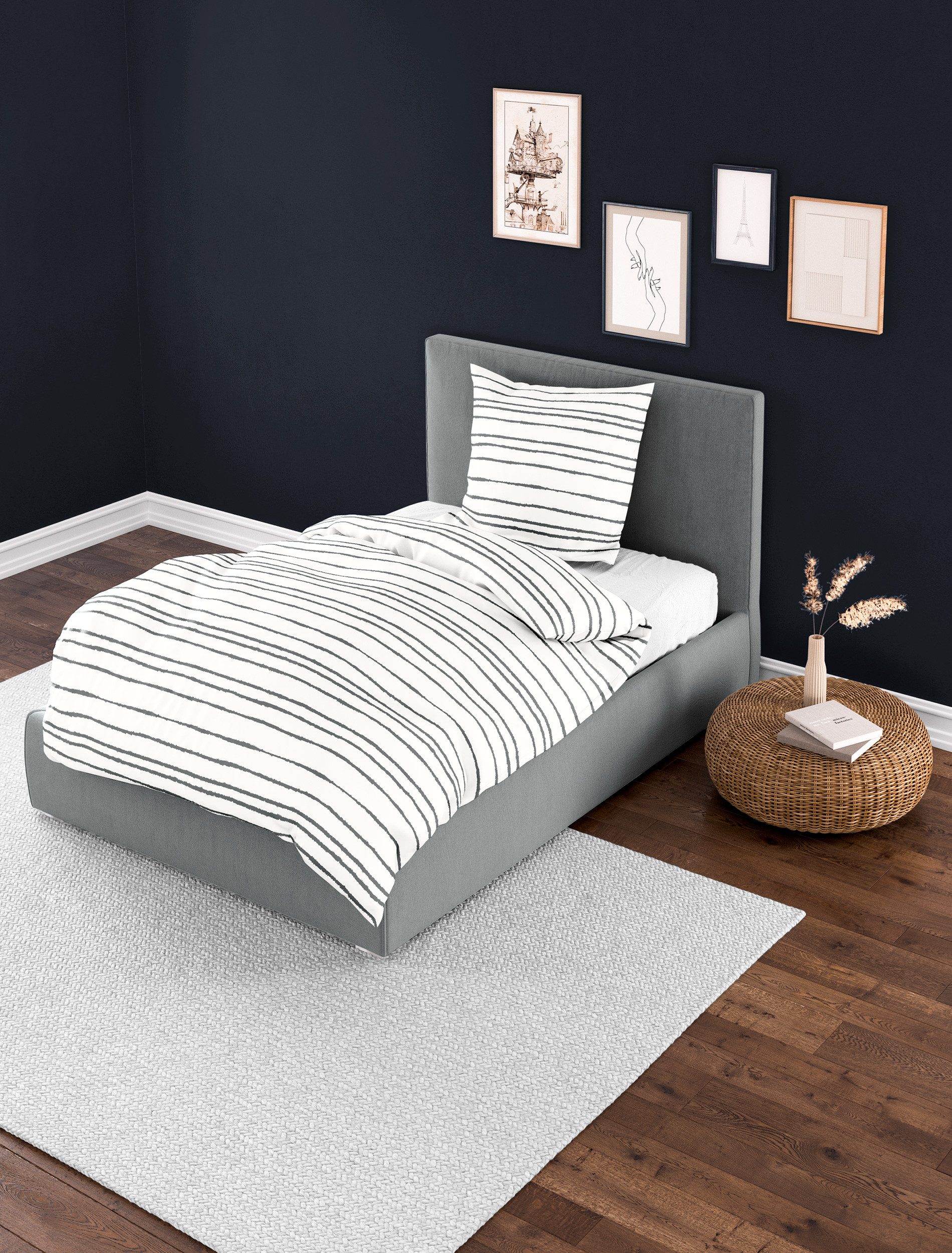 BIERBAUM Bettwäsche 135x200cm Streifen Schwarz Offwhite, günstig online kaufen