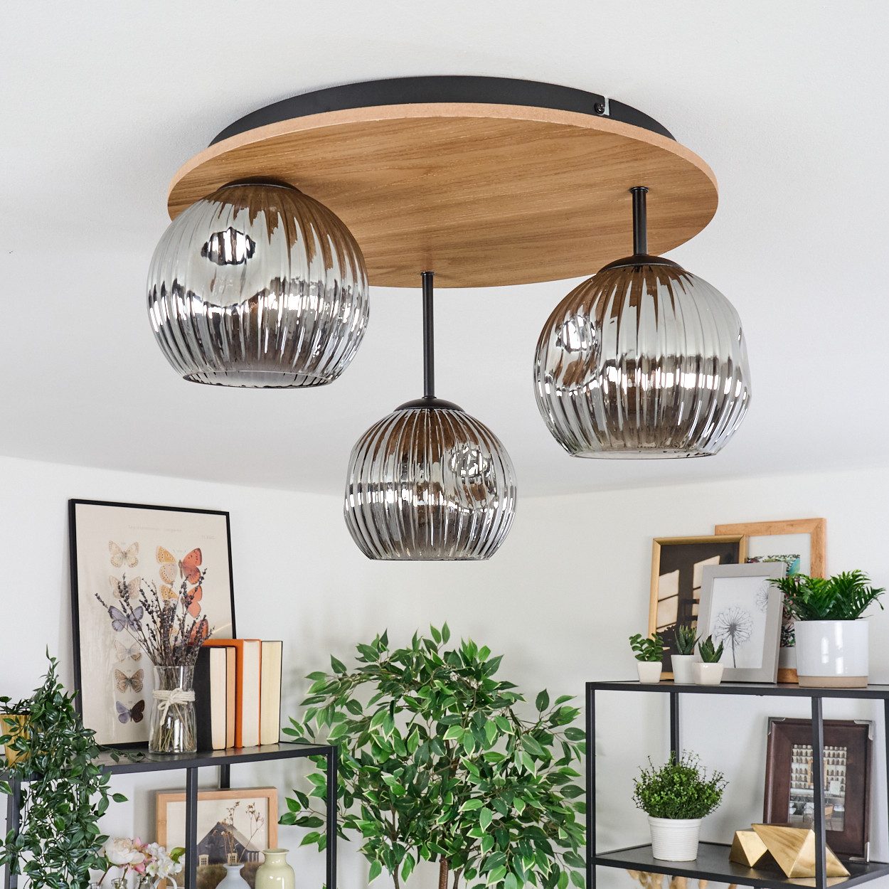 hofstein Deckenleuchte Deckenlampe aus Metall/Holz/Riffelglas in günstig online kaufen
