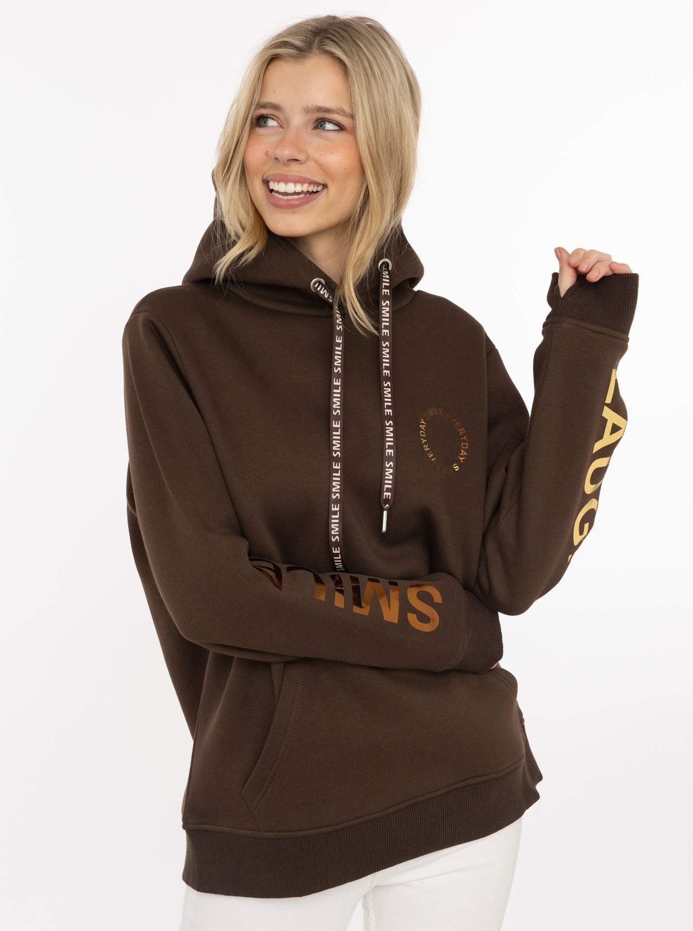 Zwillingsherz Hoodie "SMILE & LAUGH" Print am Arm und Brust, Kapuze mit bedruckter Kordel, Kängurutasche