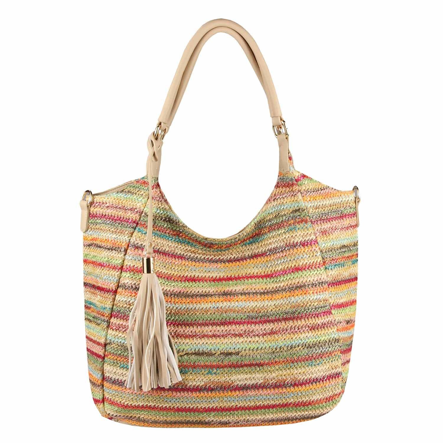ITALYSHOP24 Schultertasche DAMEN TASCHE Strohtasche Shopper Tote Geflecht Häkeltasche Weekender, Boho Beuteltasche Leder Optik Sommer Basttasche Hobo Strand Urlaub
