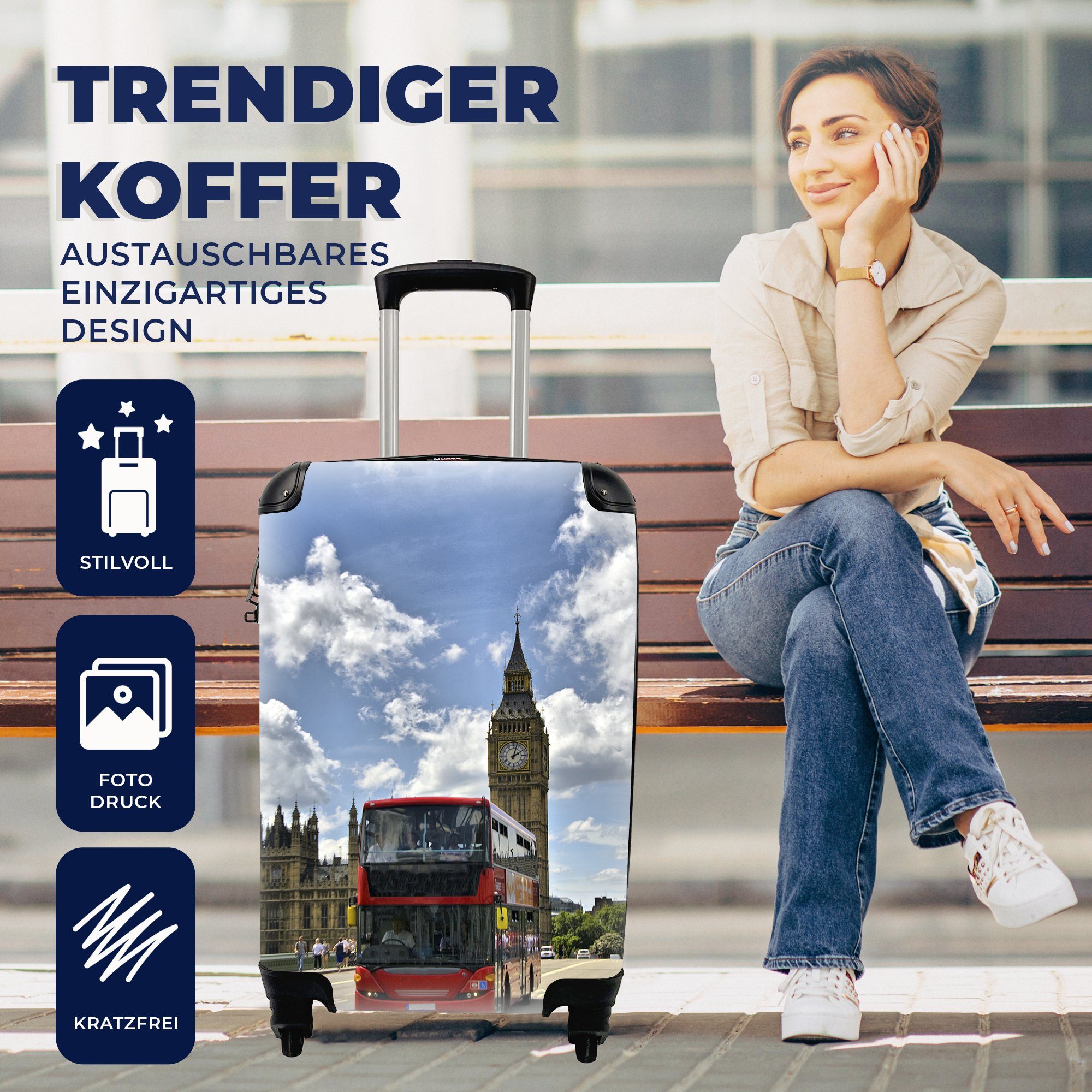 Bus Trolley, Ferien, in Ein für London, Reisekoffer 4 roter Reisetasche MuchoWow Handgepäckkoffer Handgepäck Rollen, rollen, mitten mit