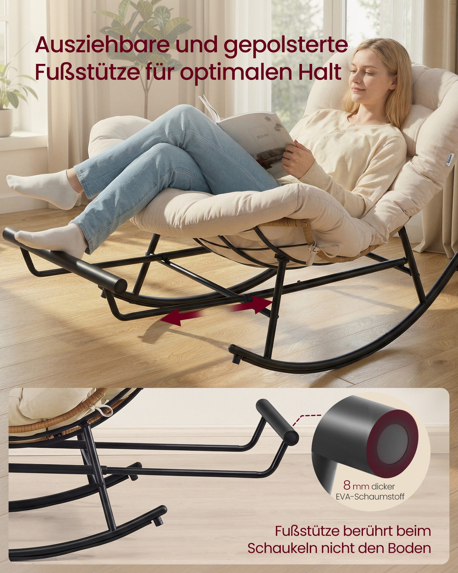 SONGMICS Schaukelsessel Schaukelstuhl, Relaxsessel, Stahlgestell, ausziehbare Fußstütze, abnehmbares Kissen, bis 136 kg, Schlaf-, Wohnzimmer, Terrasse, Garten – Bild 5 von 5