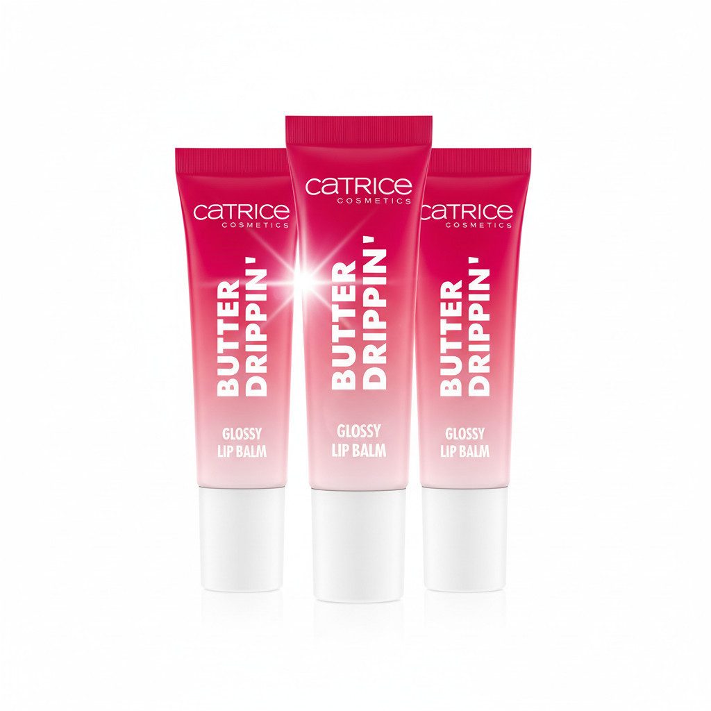 Catrice Lippenbalsam Butter Drippin' Glossy Lip Balm, 3-tlg., Dezenter Farbakzent, geschmeidig, hochglänzend, spendet Feuchtigkeit.